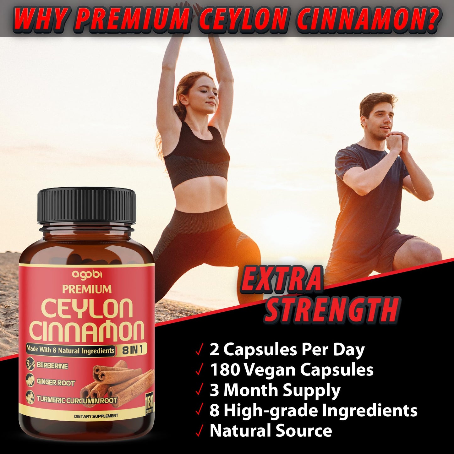 agobi Premium Ceylon Cinnamon with Berberine Supplement - 8in1 Turmeric, Ginger, Gymnema & More - Body, Heart & Overall Vitality Capsules 180
