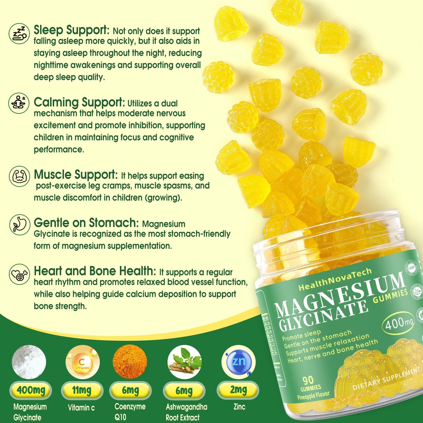 HealthNovaTech Magnesium Glycinate Gummies 400mg with Ashwagandha, CoQ10, Zinc & Vitamin C - Sugar Free Vegan Gummies for Sleep, Relaxation & Stress Relief - Pineapple Flavor, 90 Gummies