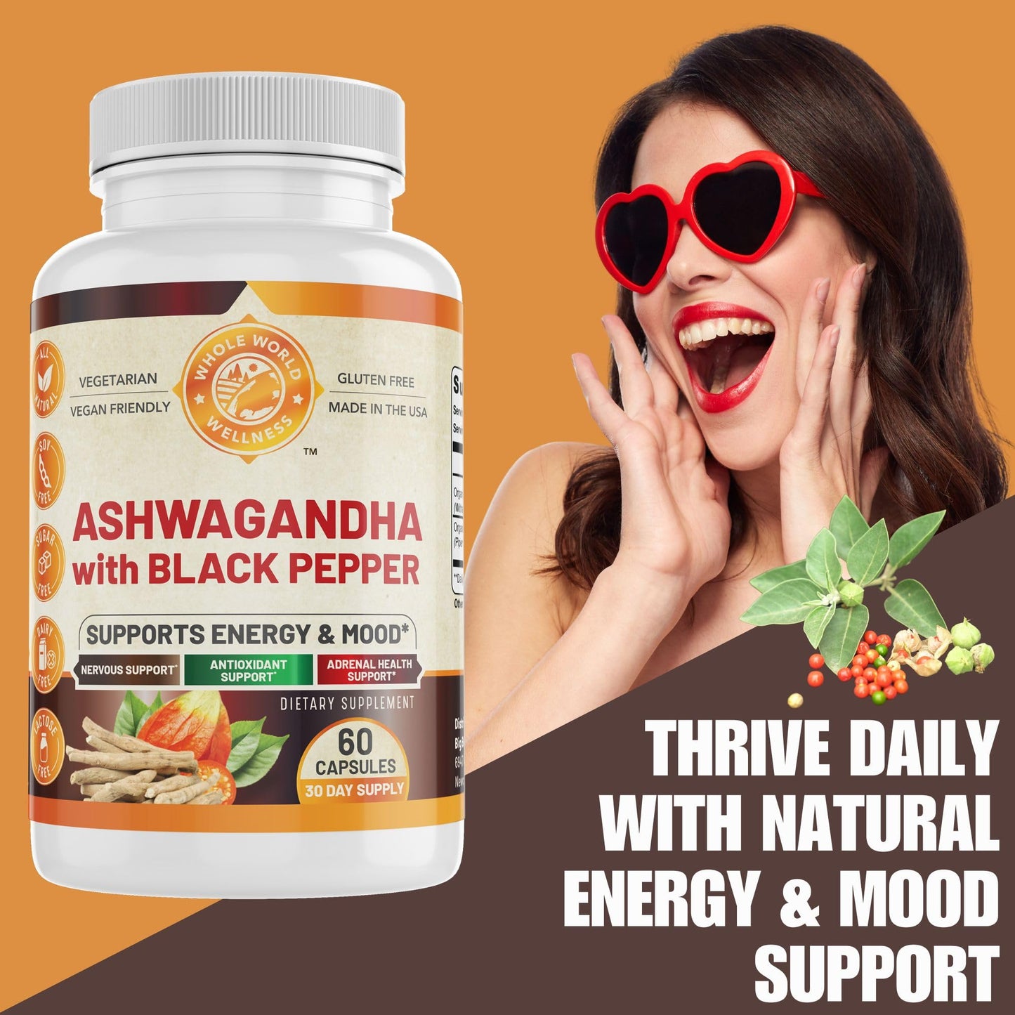 WHOLE WORLD WELLNESS Organic Ashwagandha with Black Pepper 60 Capsules