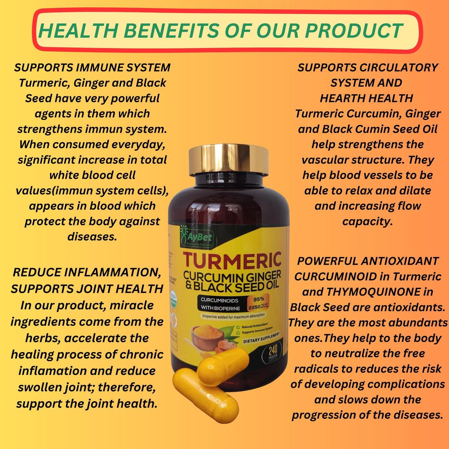 AyBet World 1st Turmeric Curcumin Ginger & Black Seed Oil Capsules, 240 Count
