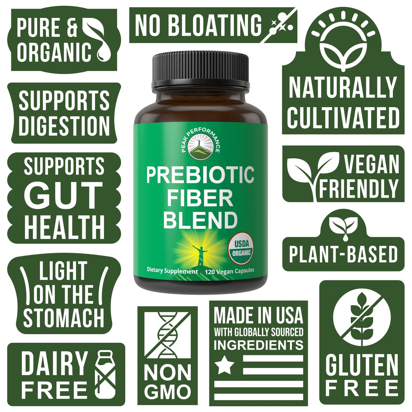 Peak Performance Organic 3-in-1 Prebiotic Fiber Vegan Capsule 120 Count