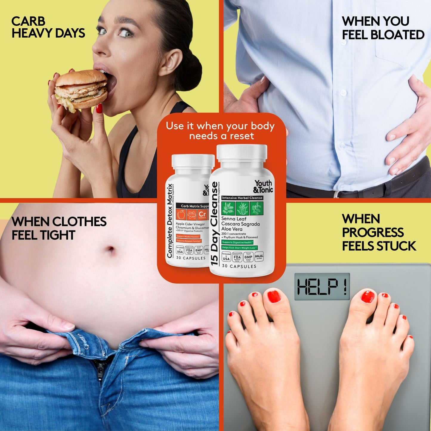 Youth & Tonic 15 Day Cleanse – Intensive Herbal Colon Cleanser & Gut Detox, 60 Capsules