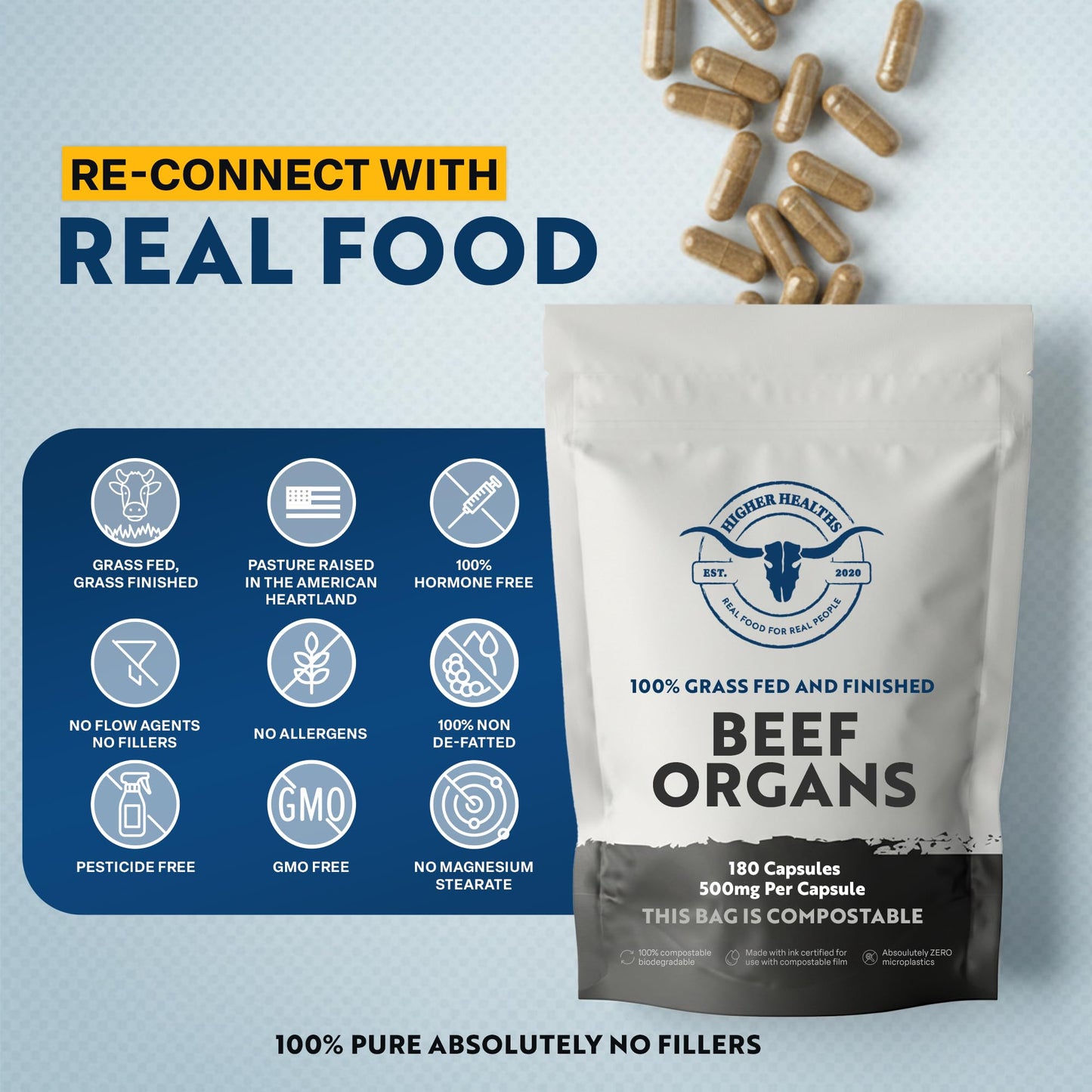 Higher Healths 100% Grass Fed Beef Organs Freeze-Dried Organ Blend 180 Capsules
