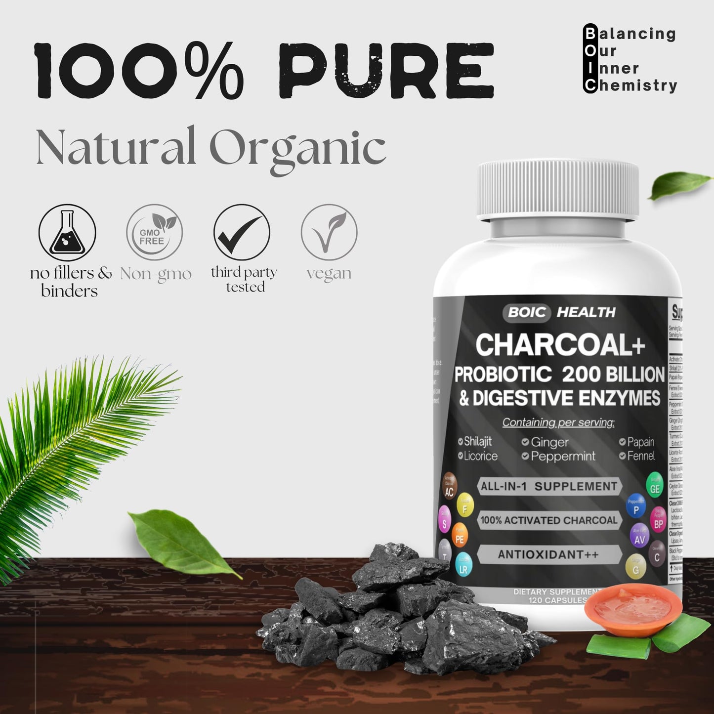 BOIC Activated Charcoal Capsules Extra Strength with Shilajit, 200 Billion CFU Probiotics, Digestive Enzymes, Peppermint, Fennel, Licorice & Ginger, 120 Capsules