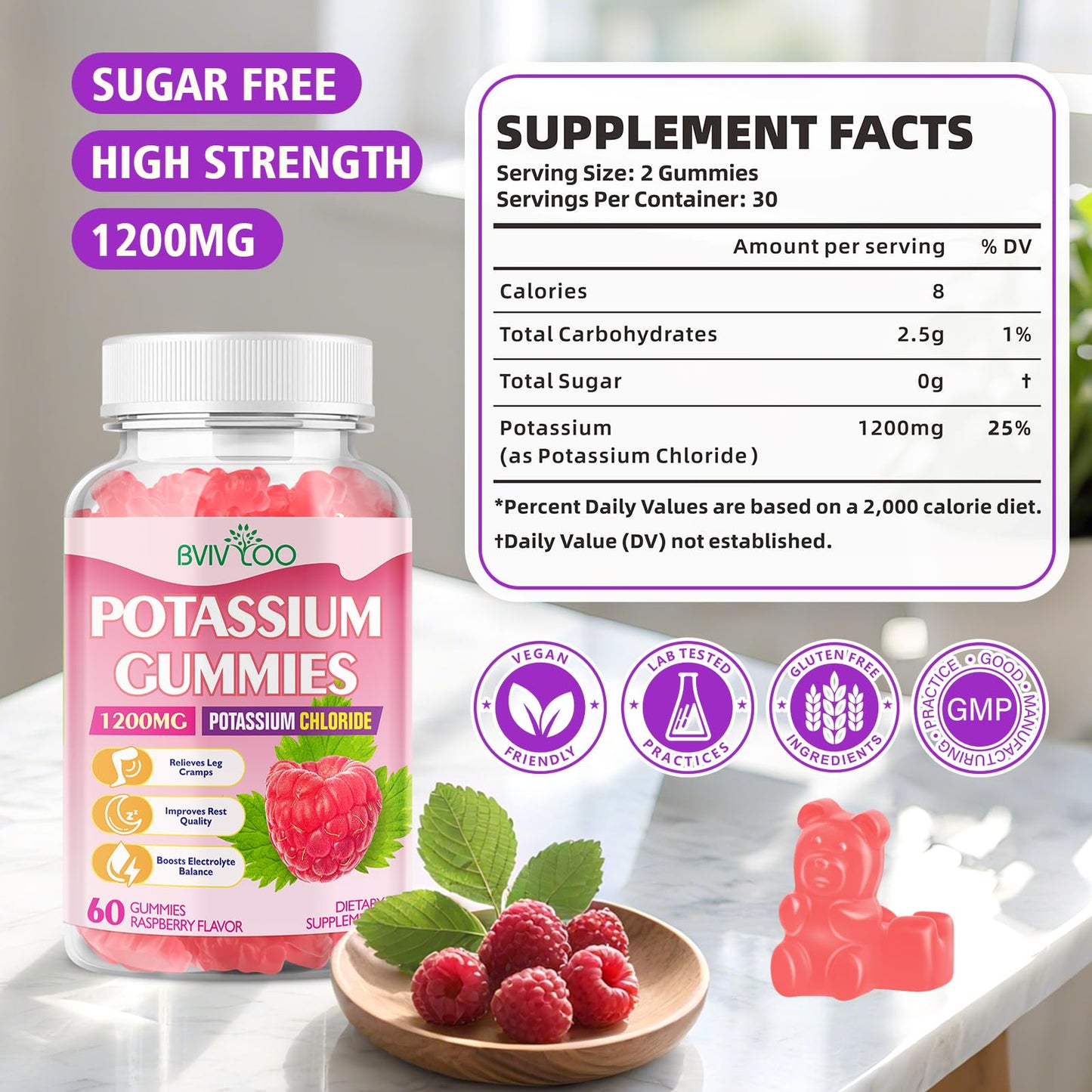 BVIVLOO Potassium Gummies for Adults with 1200mg Potassium Chloride - Supports Muscle Health & Leg Cramps, Raspberry Flavor, 60 Gummies