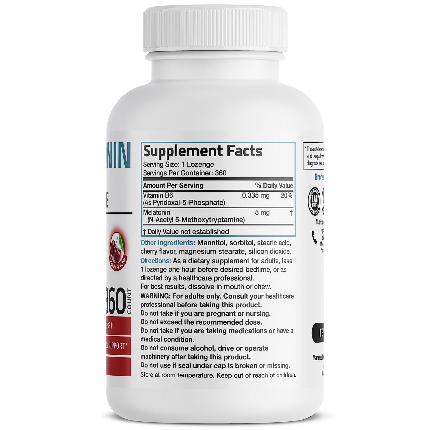 Bronson Melatonin 5mg Fast Dissolve Cherry Flavor Tablets with Vitamin B6 Nighttime Sleep Aid, 360 Tablets