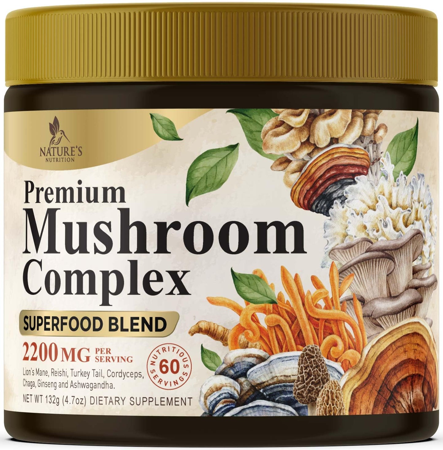 Nature's Nutrition Mushroom Powder Supplement - 11-in-1 Blend - Organic Lions Mane, Reishi, Cordyceps, Chaga, Turkey Tail Mushroom Extract Powder - Brain & Immune Support, 60 Servings
