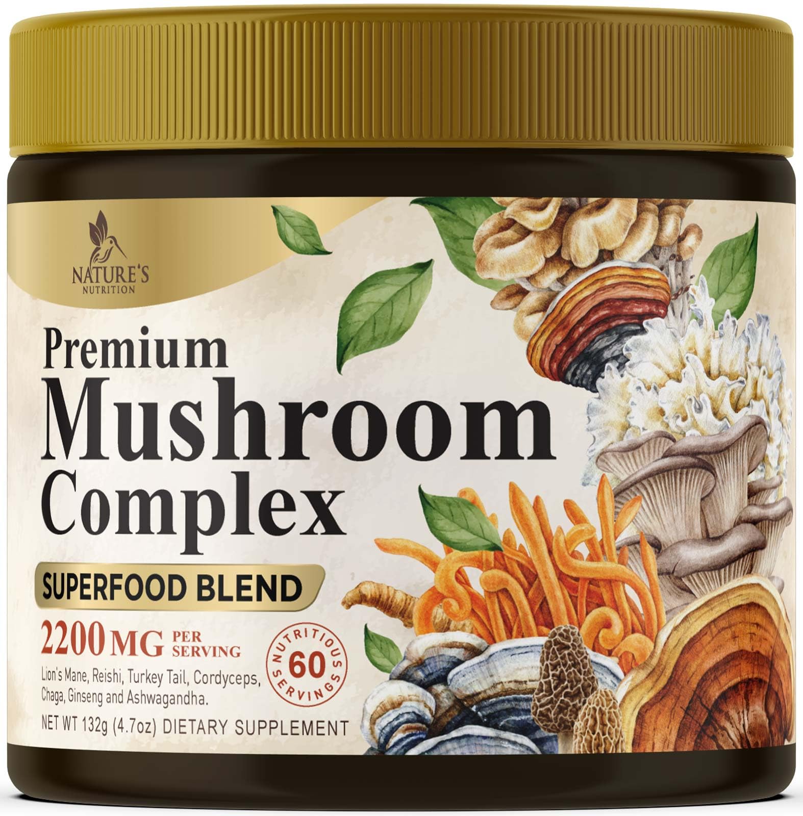 Nature's Nutrition Mushroom Powder Supplement - 11-in-1 Blend - Organic Lions Mane, Reishi, Cordyceps, Chaga, Turkey Tail Mushroom Extract Powder - Brain & Immune Support, 60 Servings