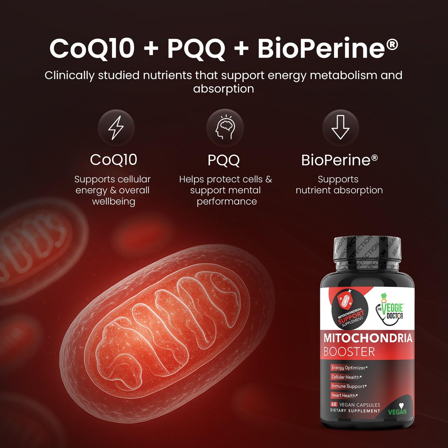 The Veggie Doctor Vegan Mitochondrial Support – Advanced Cellular Wellness & Natural Energy Formula with CoQ10, PQQ, Acetyl-L-Carnitine, Alpha-Lipoic Acid, Magnesium, BioPerine® - Daily Support, 60 Capsules