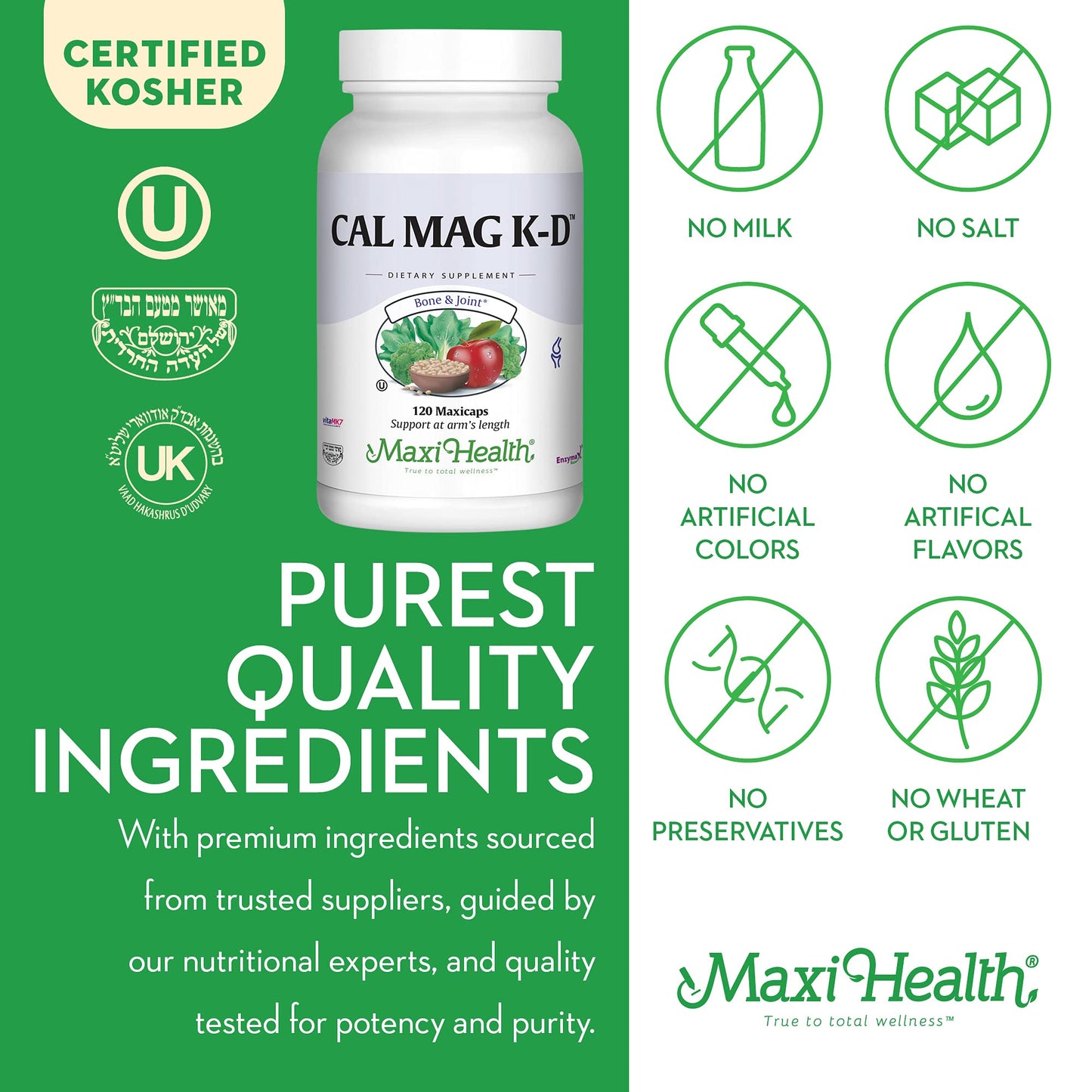 Maxi Health Men and Women 500 mg Calcium Supplement with Vitamin D3 (2000 IU), Magnesium (250 mg) and Vitamin K2 (150 mcg) - Bone, Teeth and Joint Support, 120 Capsules