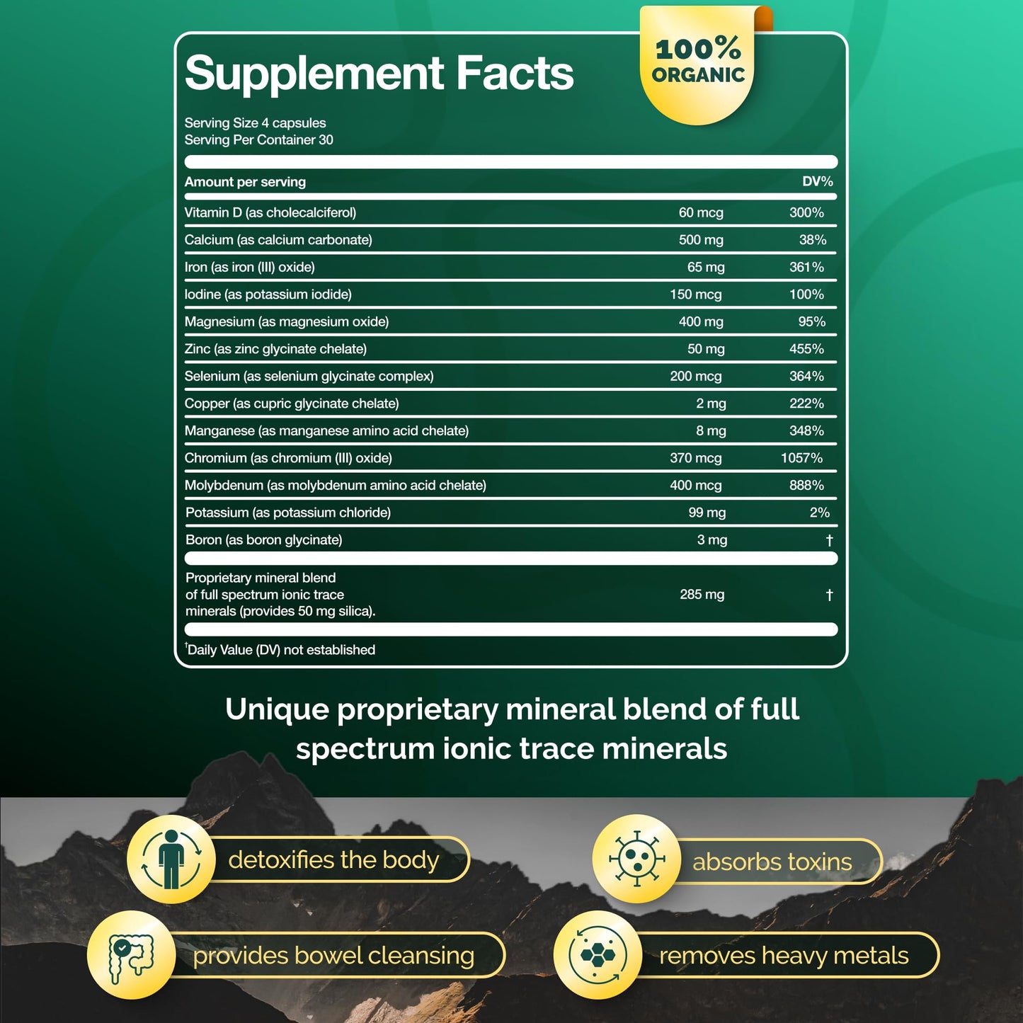 ADEO2 Premium Blend of 52 Trace Minerals Complex with Essential Minerals in Chelated Form, All Natural and 100% Organic, 120 Capsules