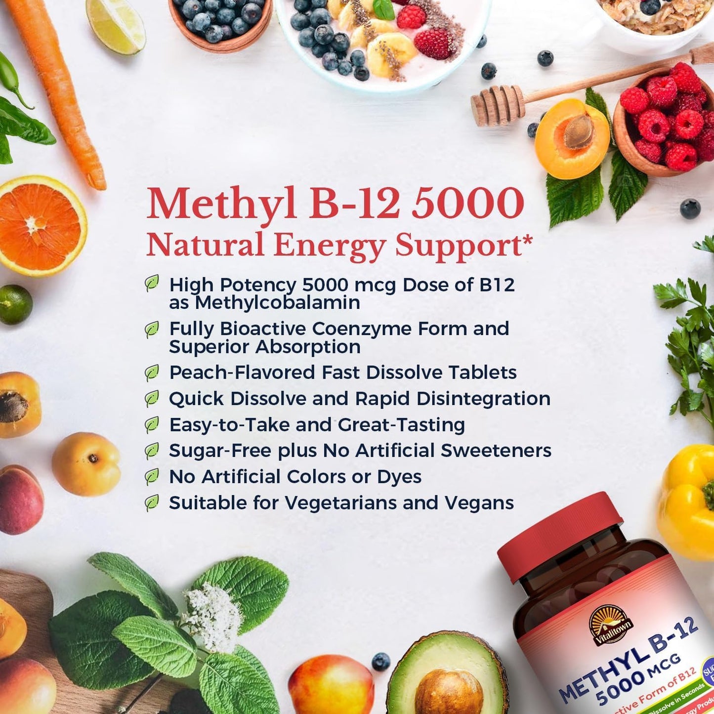 Vitalitown Vitamin B12 (Methyl B12) 5000 mcg, Fully Bioactive Form, 240 Tablets