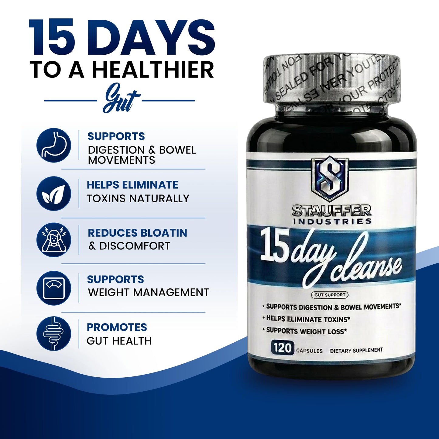 STAUFFER INDUSTRIES Colon Cleanse – 15 Day Cleanse Gut Support Supplement – Colon Cleanser with Psyllium Husk, Senna & Probiotics – Digestive Support for Women & Men, Capsules, 120