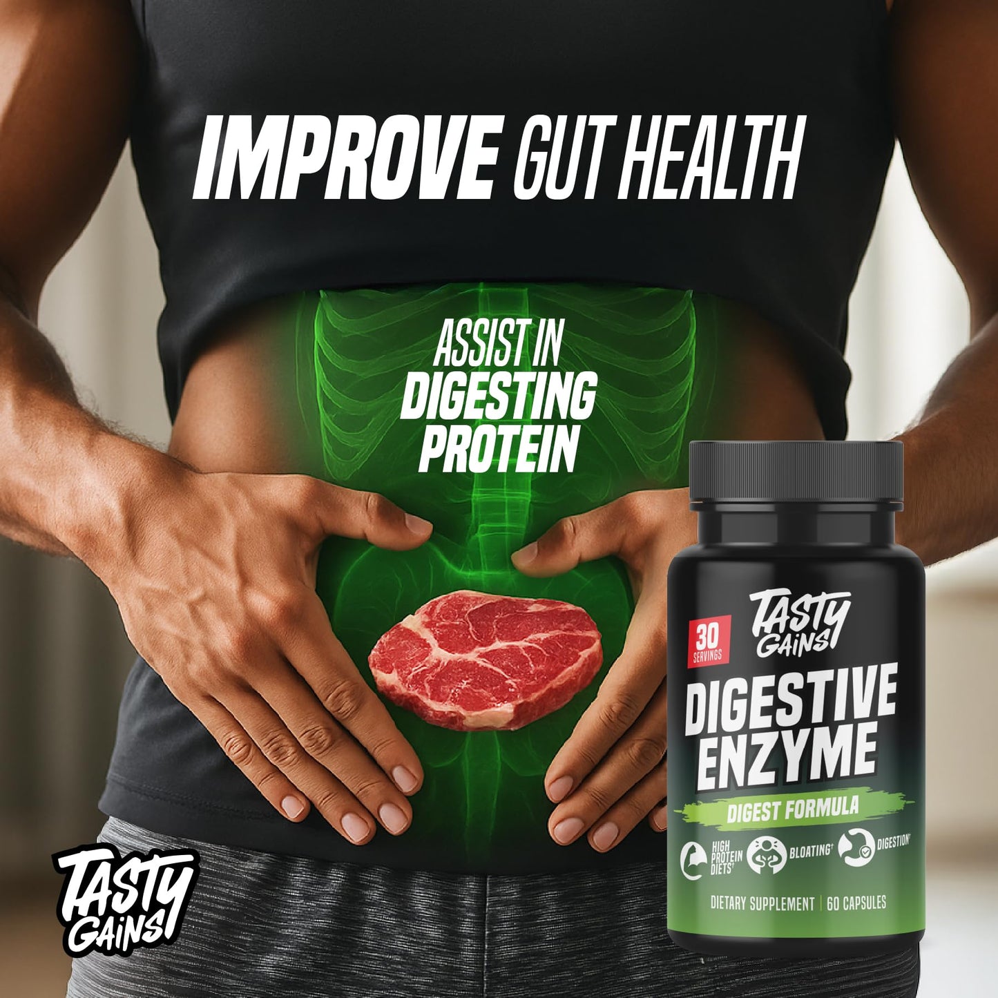 TASTY GAINS Complete Digestive Enzymes Supplement for Gut Health 60 Gummies