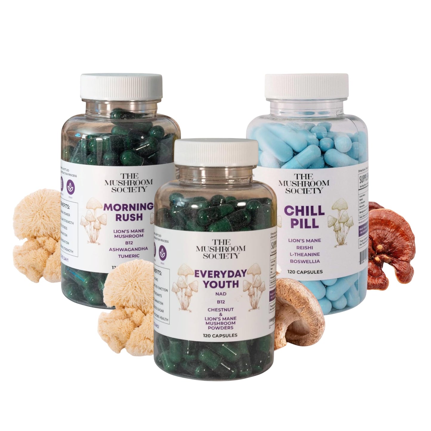 The Mushroom Society All Day Bundle Morning Rush, Chill Pill & Everyday Youth Capsules, 360 Capsules