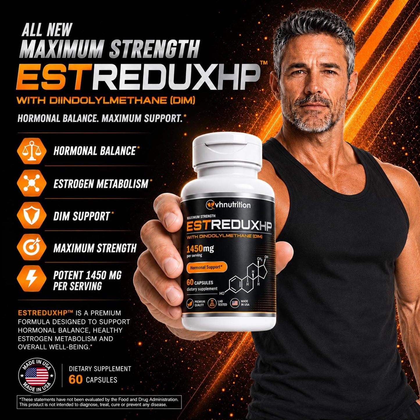 VH Nutrition ESTREDUX HP - with DIM Estrogen Blocker for Men* 1450mg of Maximum Strength Hormone Support, Tongkat Ali, Ashwagandha Capsules 30