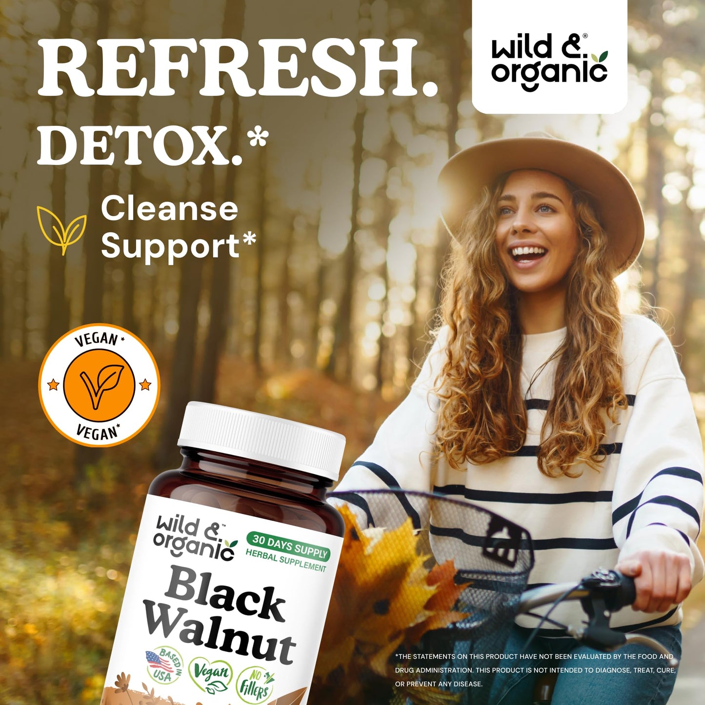 Wild & Organic Black Walnut Capsules 900 mg Detox & Cleanse Support - Black Walnut Hull Powder Supplement - Juglans Nigra Herb - Vegan, No Fillers, Non-GMO, 60 Capsules