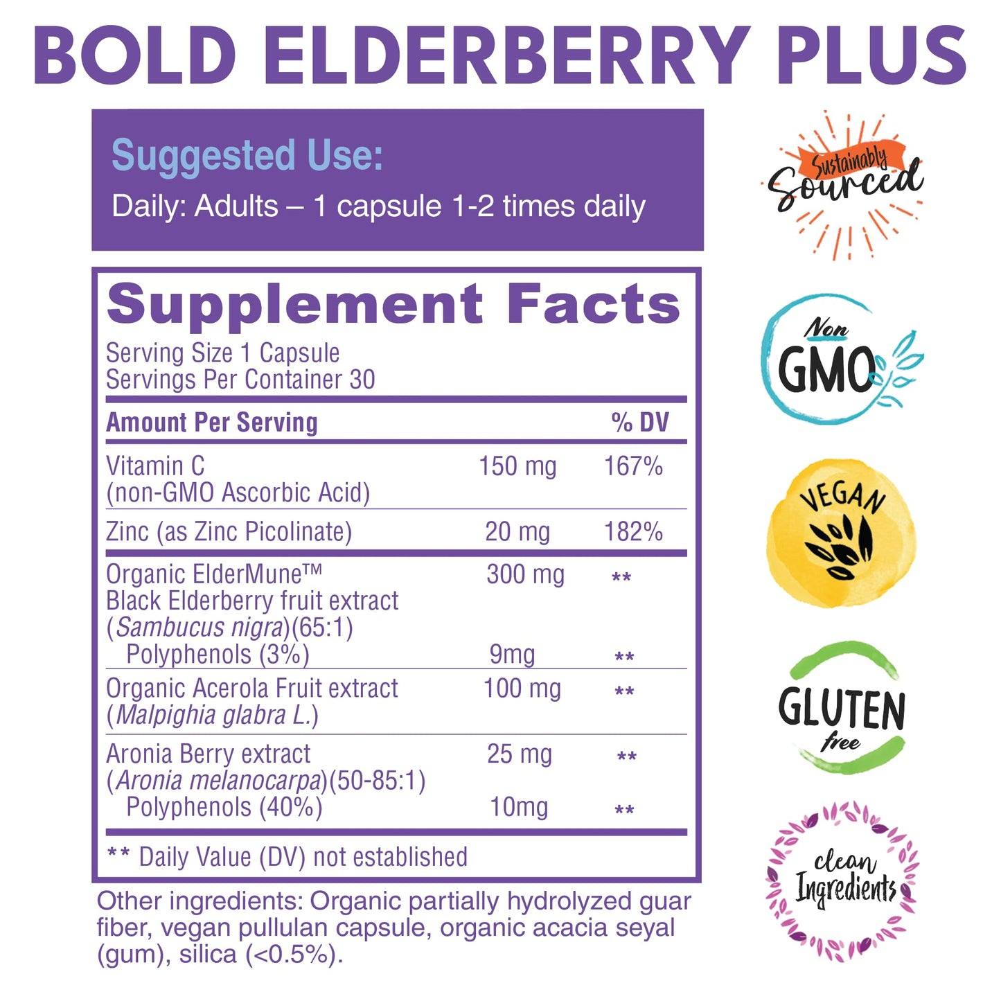 Bold Botanica Elderberry Plus 65x Concentrated Black Elderberry with Vitamin C & Zinc for Adults, Non-GMO, 30 Vegan Capsules