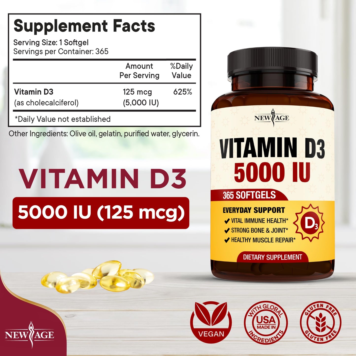NEW AGE Vitamin D3 5000 IU 125mcg Softgel, 360 Softgels