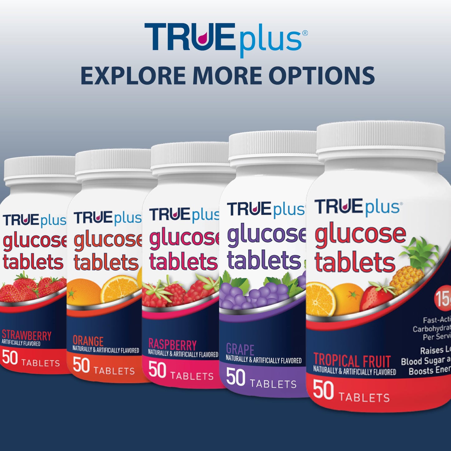 TRUEplus Glucose Tablets, Grape, Raspberry, Orange Flavors, 50 Tablets