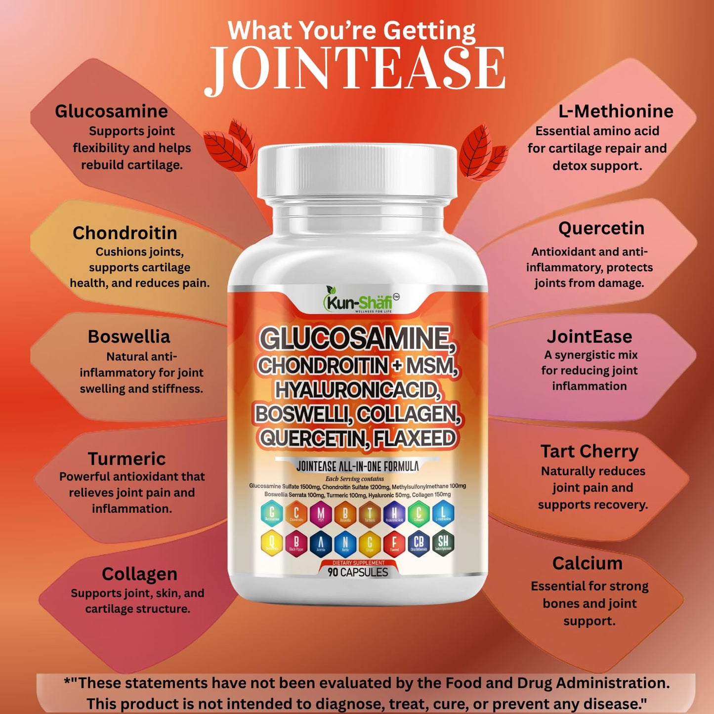 Kun Shafi Glucosamine Chondroitin MSM Supplement Capsules, 90 Count