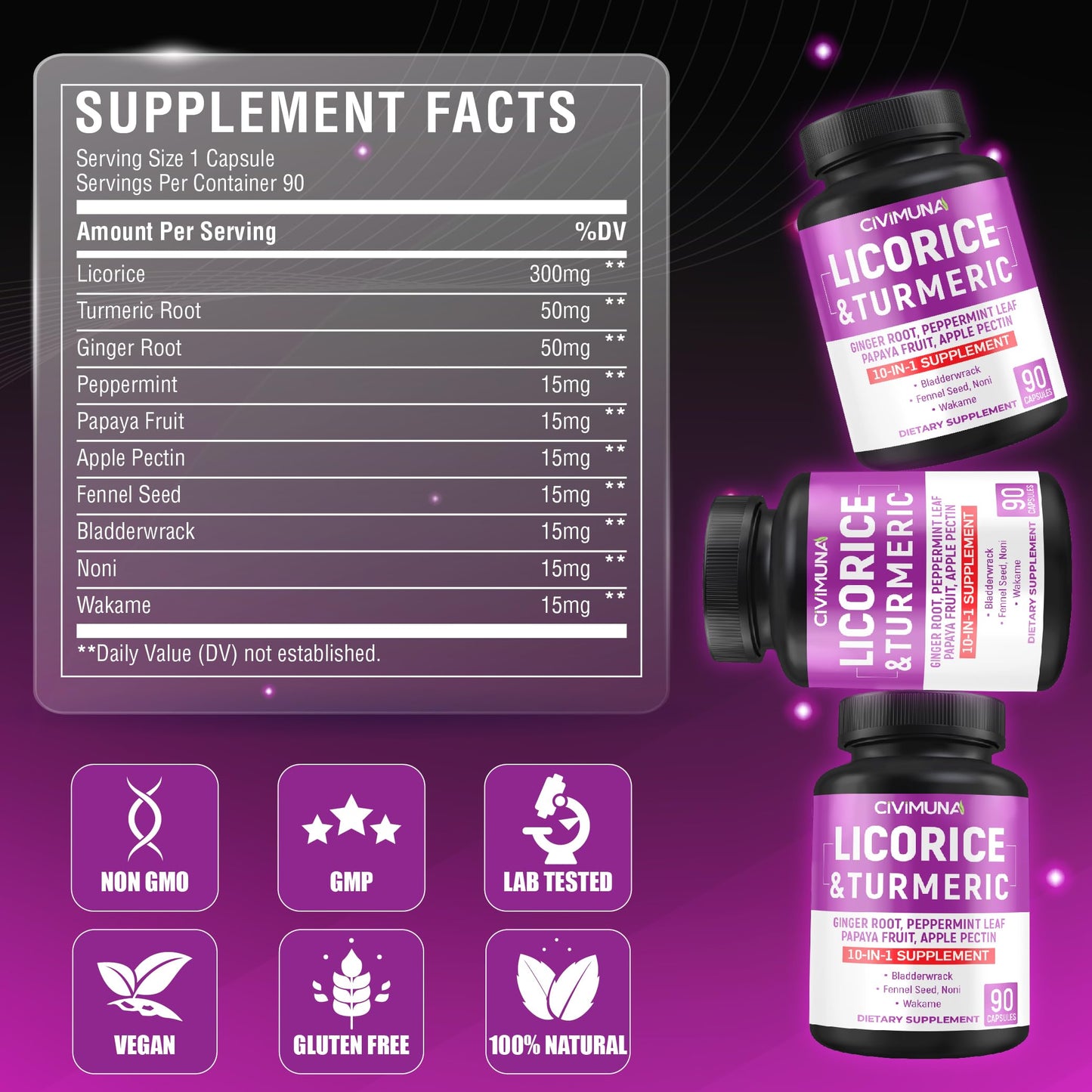 CIVIMUNA Licorice Root Capsules with Turmeric Root, Ginger Root, Peppermint Leaf & Papaya Fruit, 90 Capsules