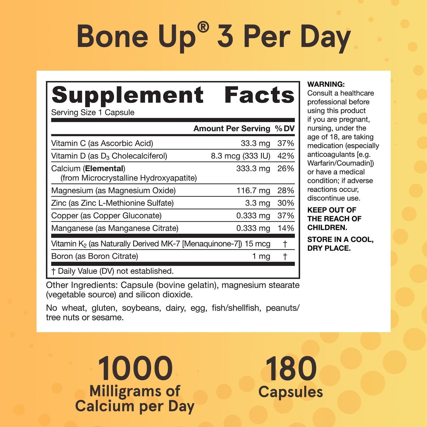 Jarrow Formulas BoneUp Three Per Day for Bone Density and Skeletal Nutrition Includes Vitamin D3, K2 (as MK-7) and Calcium, 180 Capsules