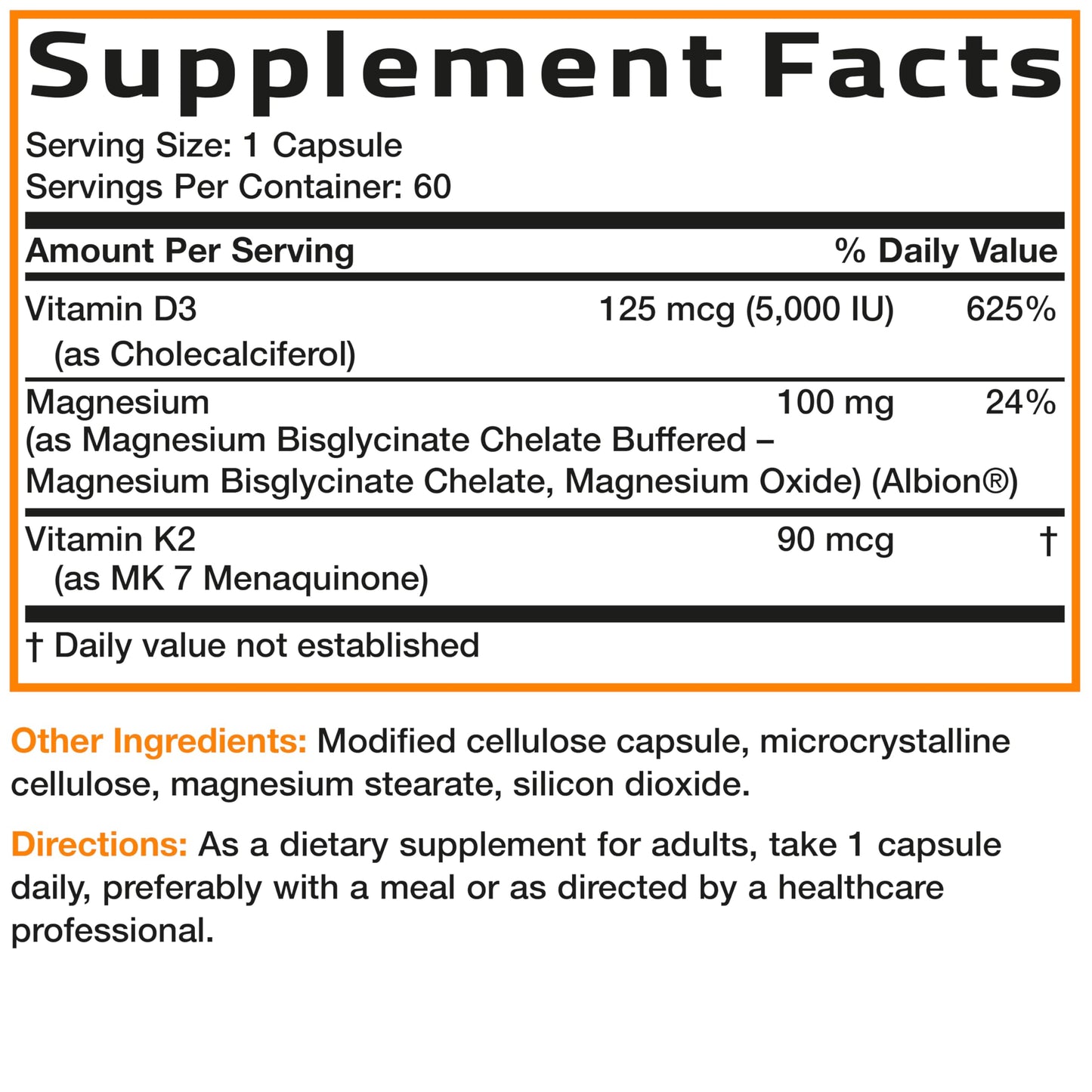 Bronson Vitamin K2+D3 Magnesium Glycinate Supplement 3-in-1 Formula Capsule, 60 Count