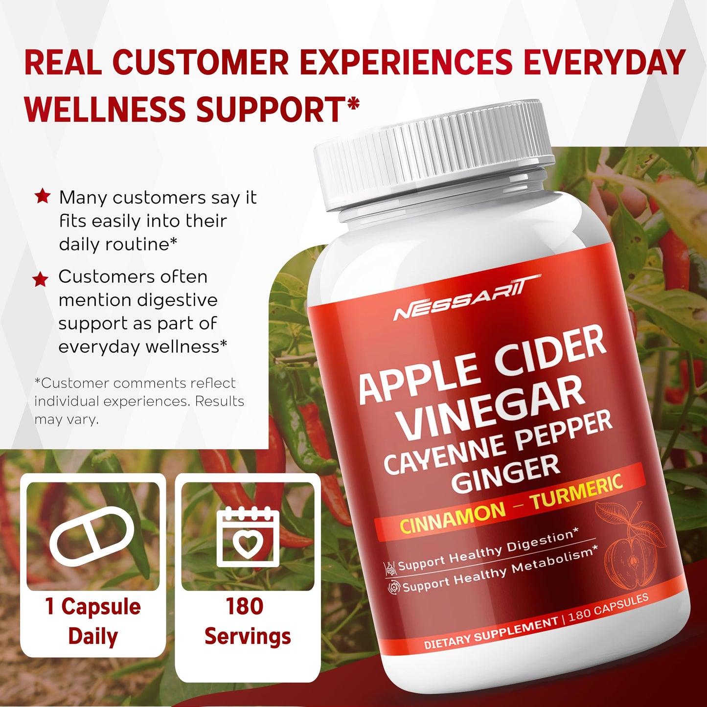 NESSARIT Apple Cider Vinegar with Cayenne Pepper, Ginger, Cinnamon & Turmeric – Support Digestion & Metabolism, 180 Capsules