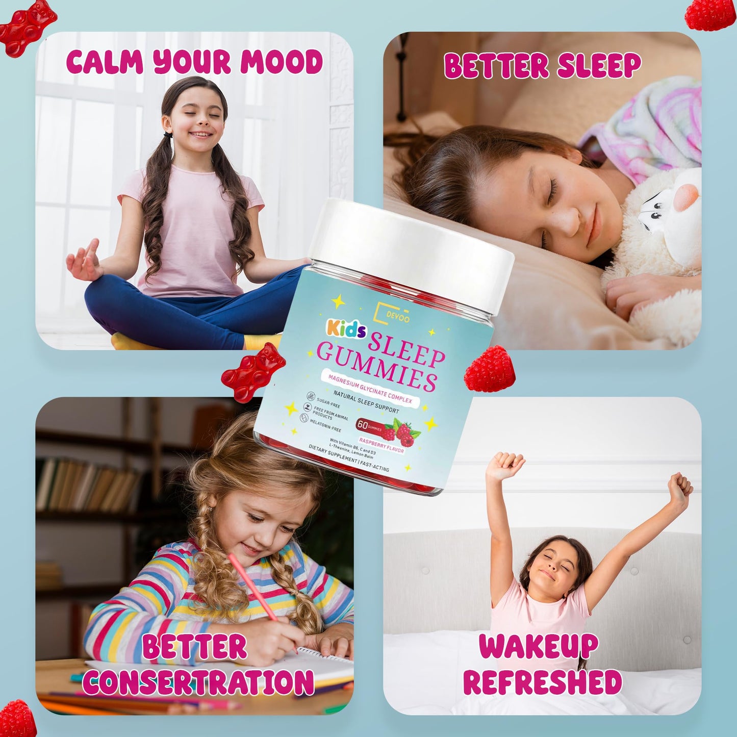 Devoo Natural Sleep Gummies for Kids – Raspberry Sleep Supplement with Magnesium Glycinate, Vitamin B6, C & D3, L-Theanine & Lemon Balm, 60 Gummies