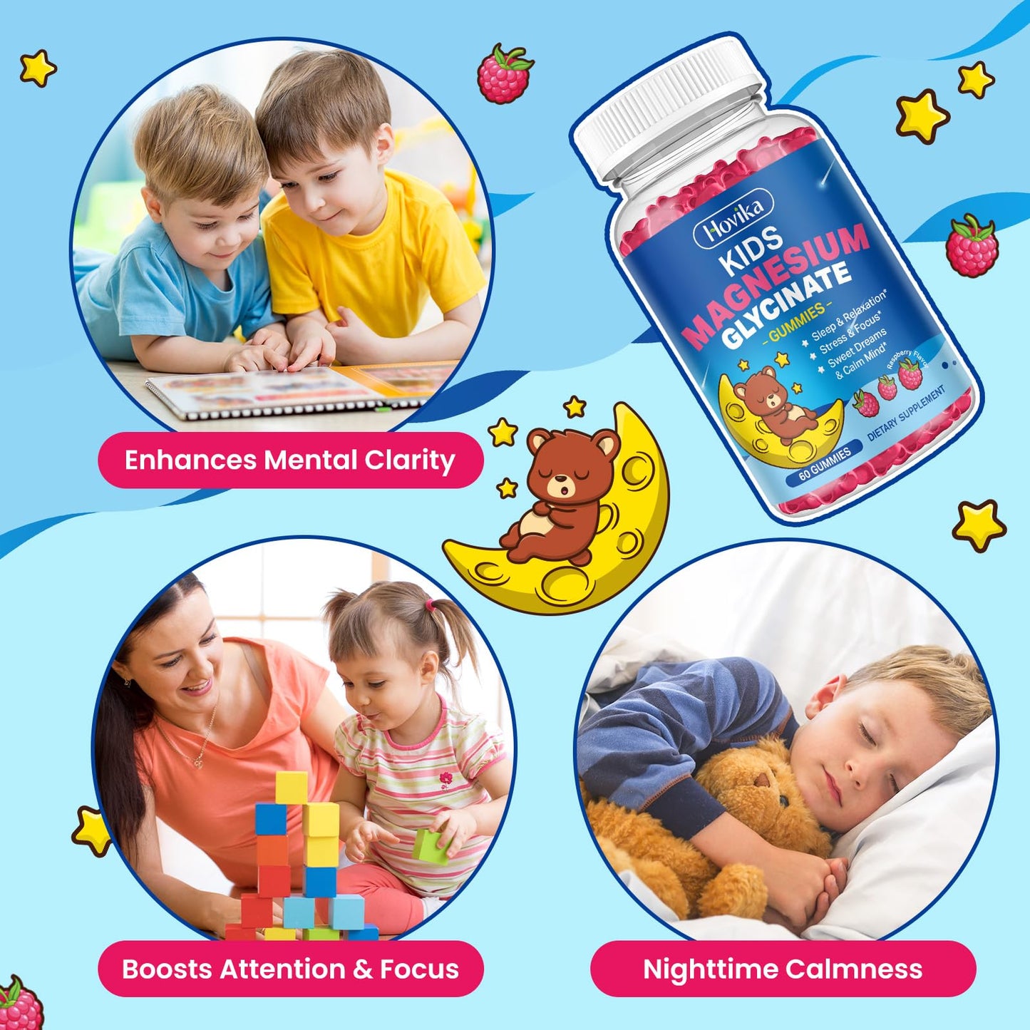 Hovika Magnesium Glycinate Gummies for Kids with L-Theanine, Omega-3, Vitamin B6, D3, Zinc - Sugar Free Raspberry, 60 Gummies