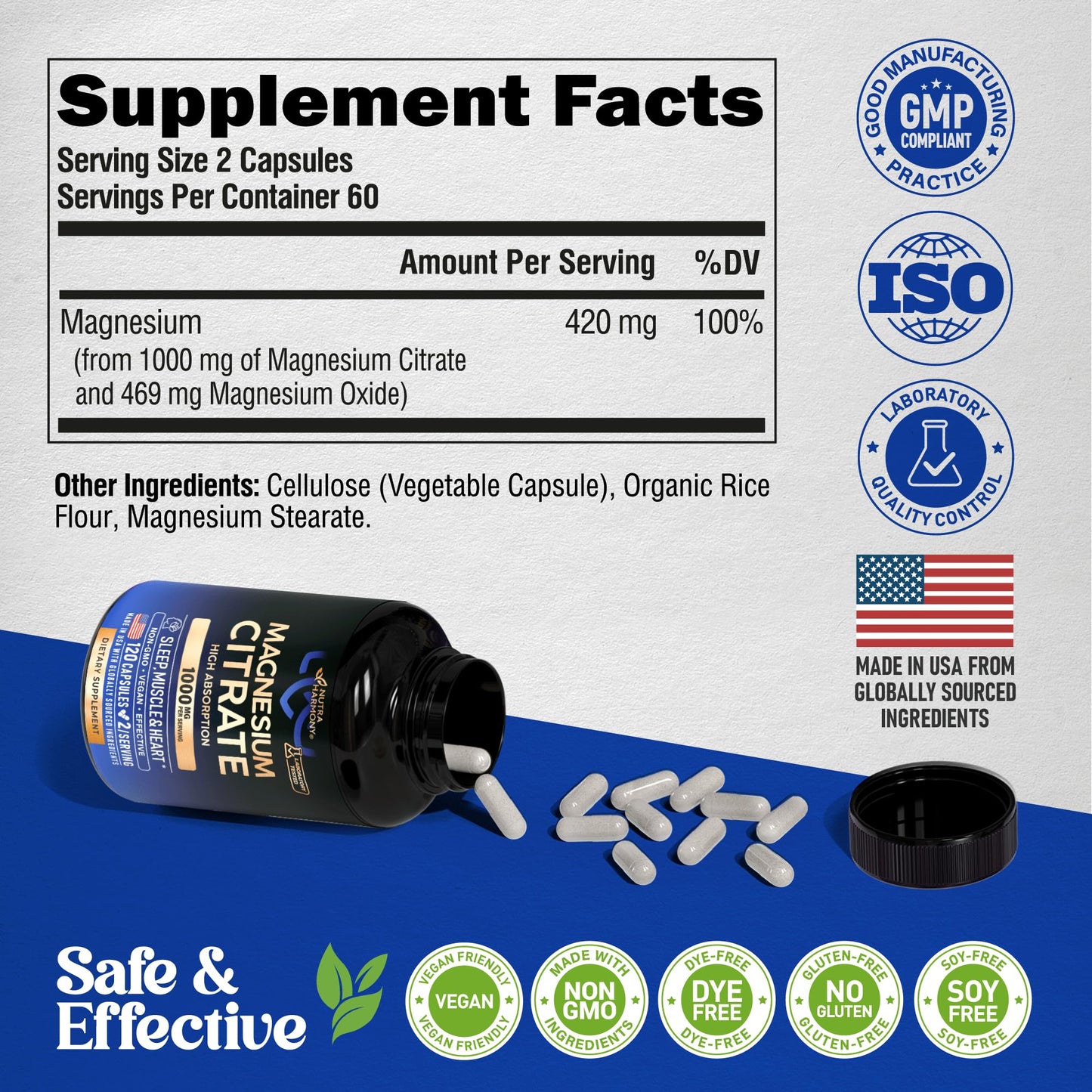 NUTRAHARMONY Magnesium Citrate Capsules 1000mg, High Absorption for Sleep, Muscle & Heart Support, Vegan, Non-GMO, 120 Capsules