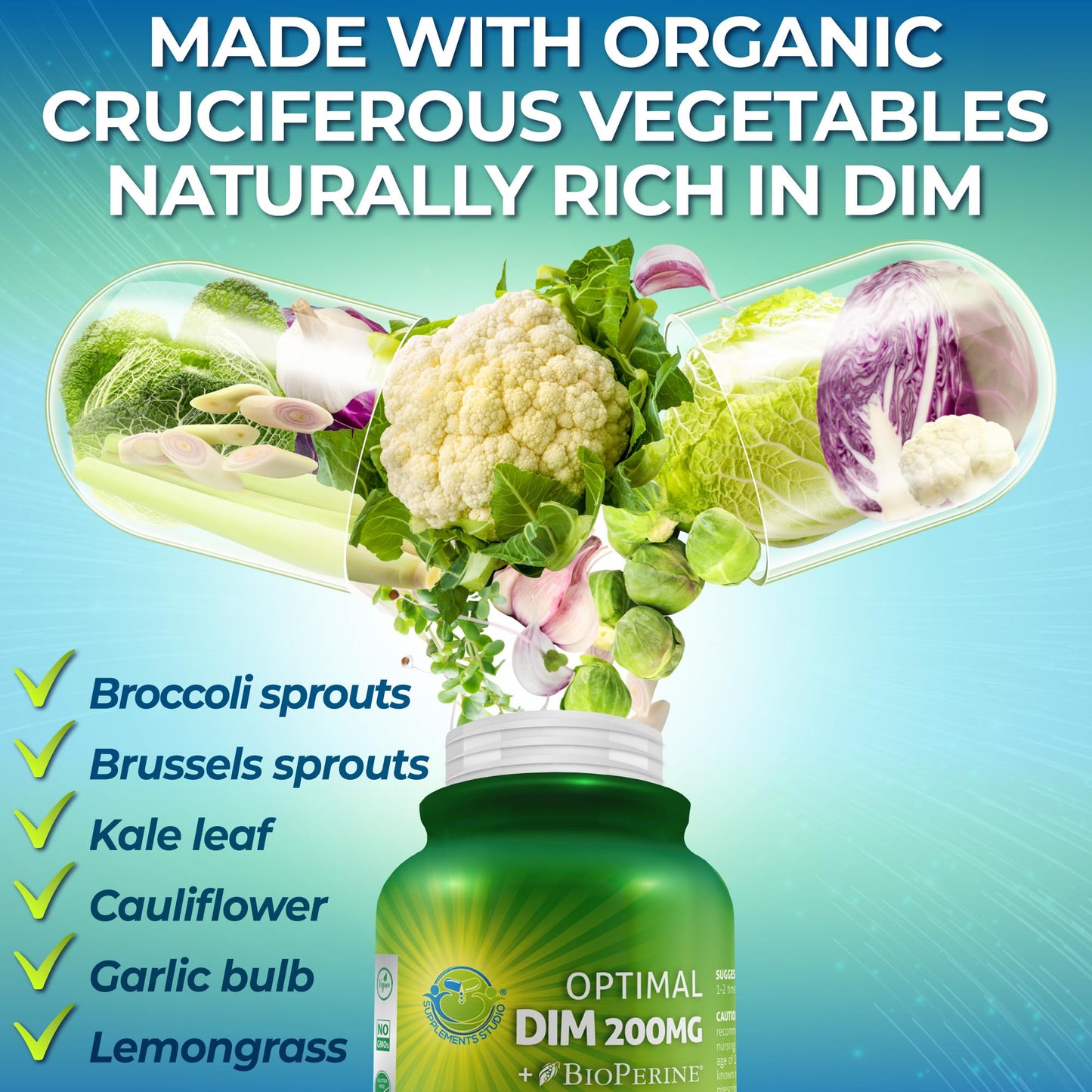 SUPPLEMENTS STUDIO Vegan Multi-system Support with CoQ10, Omega-3, Probiotics & Turmeric - Optimal DIM 200mg with BioPerine & Cruciferous Vegetables & Whole Food Multivitamin Plus (No Iron) Capsule, 1 Count