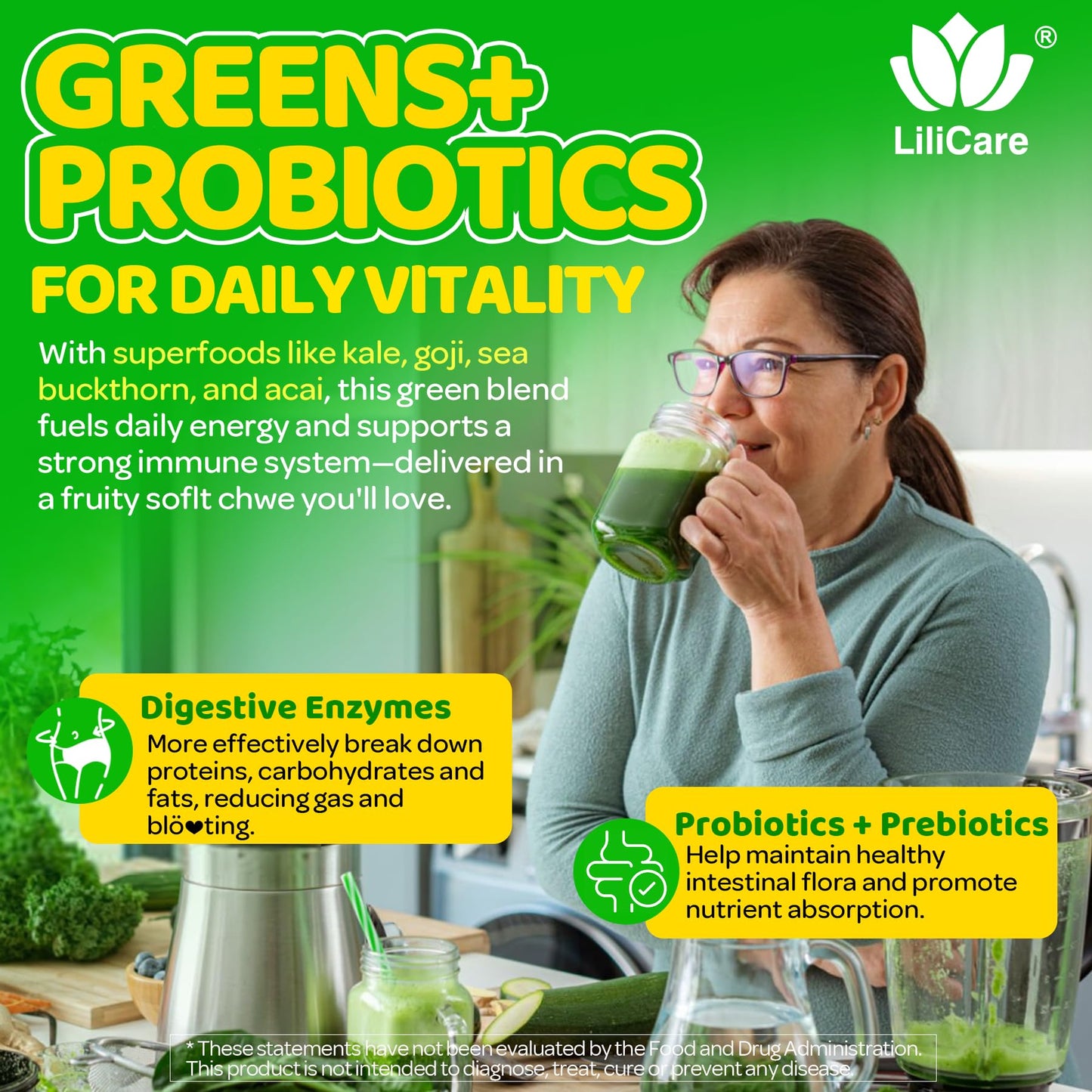 LILICARE Greens Superfood Multivitamin Soft Chew 60 Count