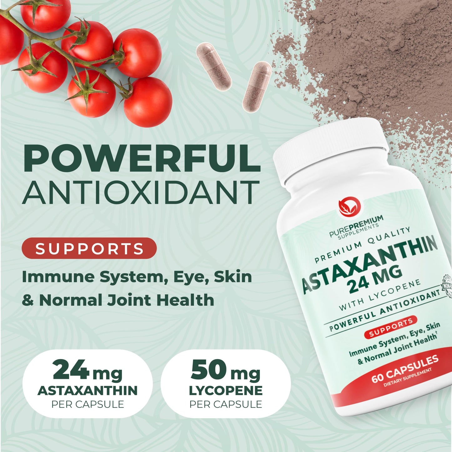 PurePremium Supplements Astaxanthin 24mg with Lycopene 50mg Softgel 60 Count