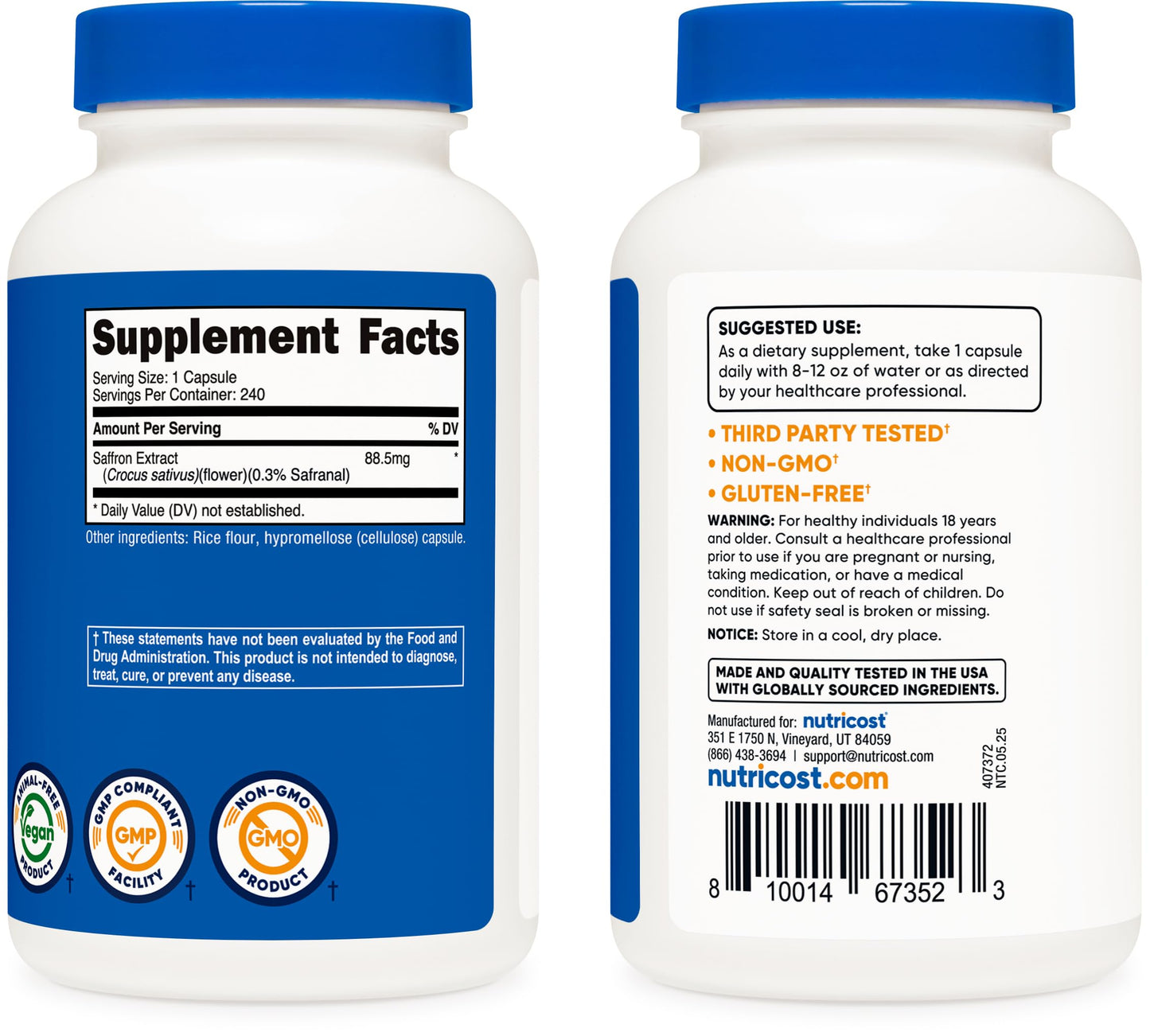 Nutricost Saffron Extract 88.5mg, 240 Capsules