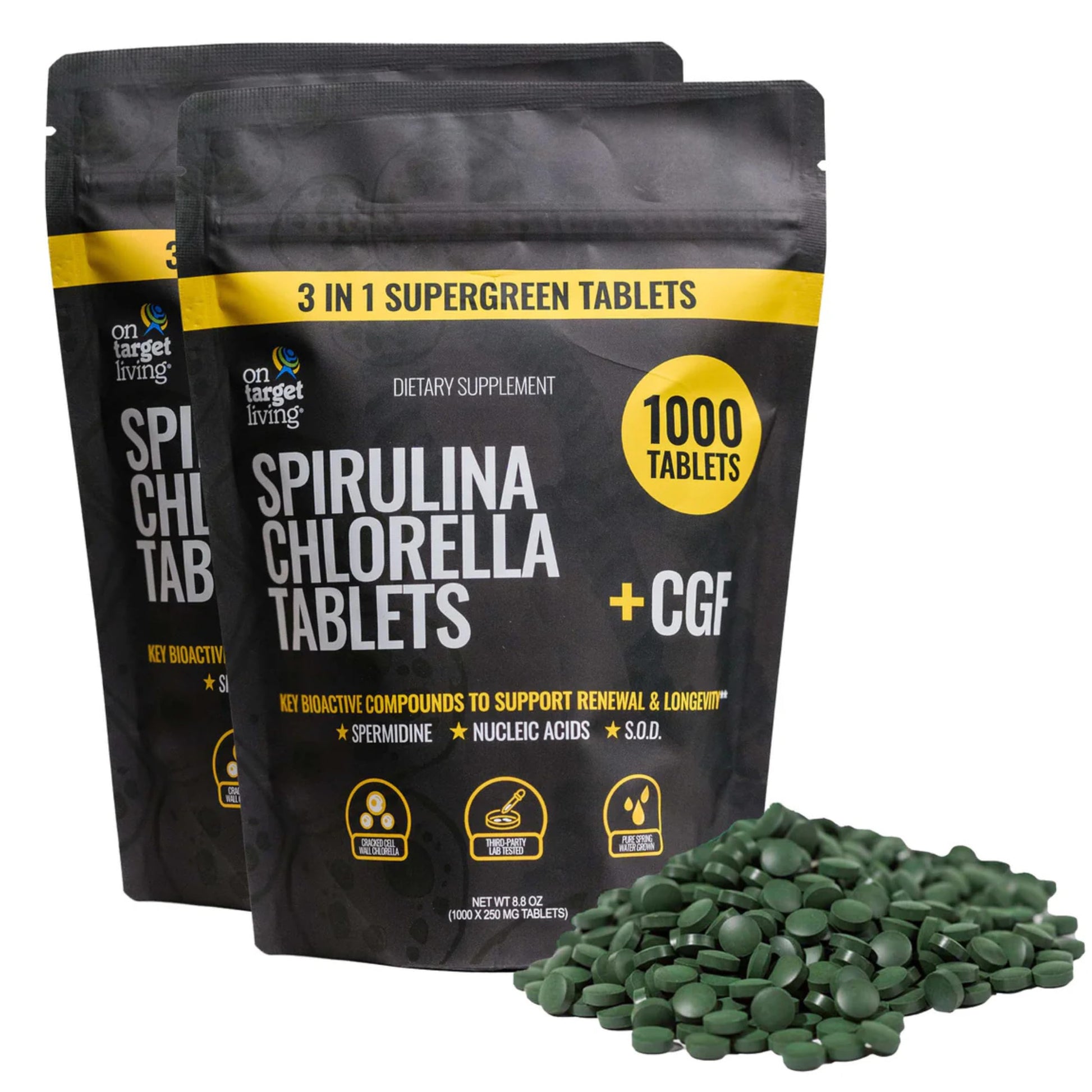 On Target Living Spirulina Chlorella + CGF Supergreen Tablets 1000 Count
