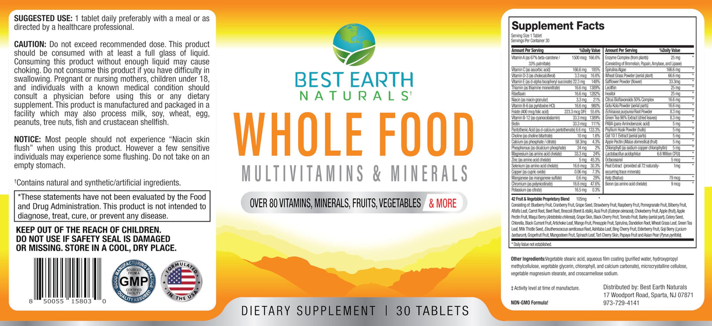Best Earth Naturals Whole Food Multivitamins & Mineral Vegan Formula with Fruits, Vegetables, Probiotic Blend and More Tablets, 30 Count