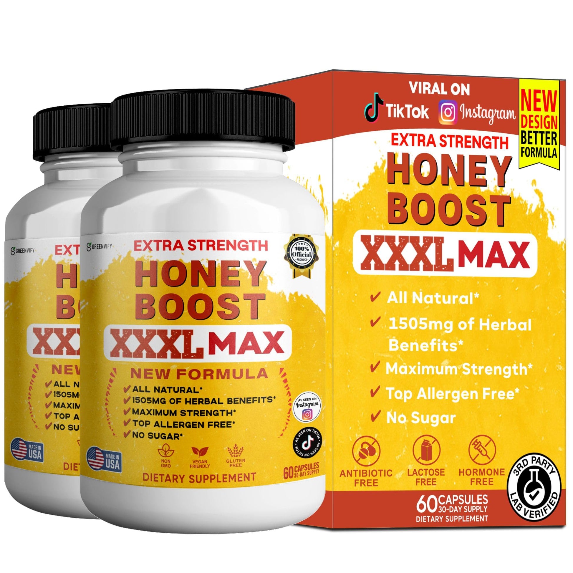GREENVIFY Honey Boost XXXL Max Extra Strength Supplement, Organic Maca Root Complex, 60 Capsules