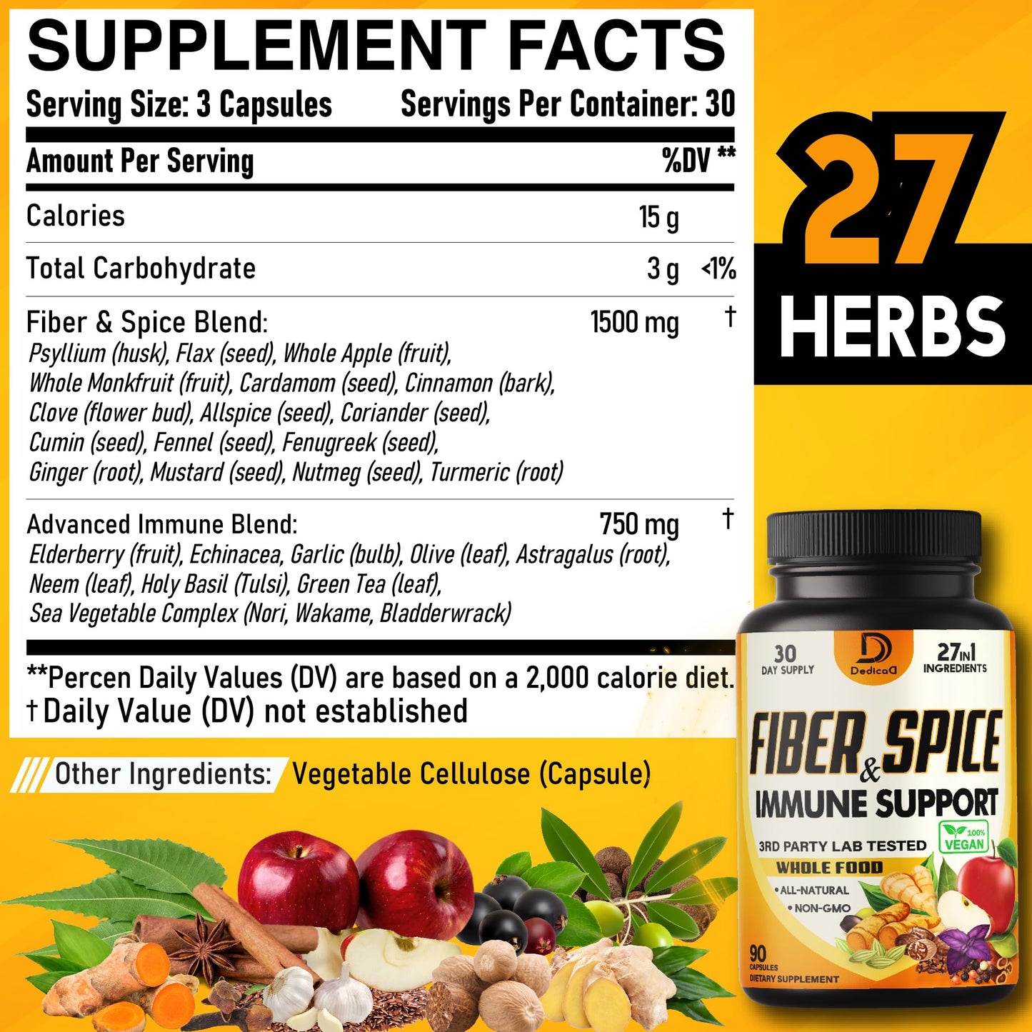 DEDICAD 27in1 Fiber and Spice Supplement with Organic Psyllium, Whole Apple, Elderberry & More Capsule, 90 Capsules