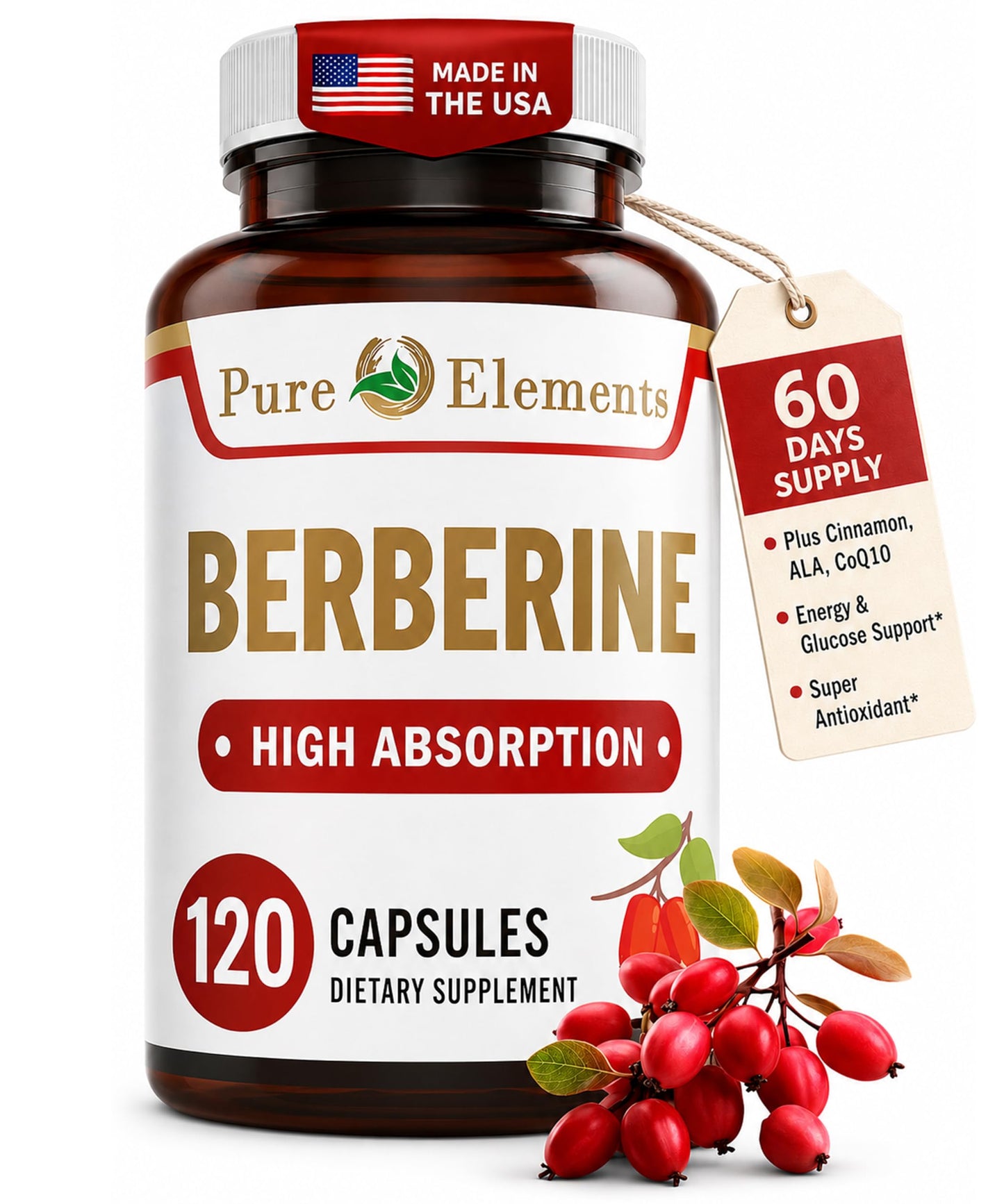 Pure Organic Elements Berberine 500mg Complex with ALA, CoQ10, Turmeric, Cinnamon, Bitter Melon, Banaba Leaf, Korean Panax, Royal Jelly, and 21 Herbs for Healthy Blood Sugar Support and Immunity, 60 Capsules