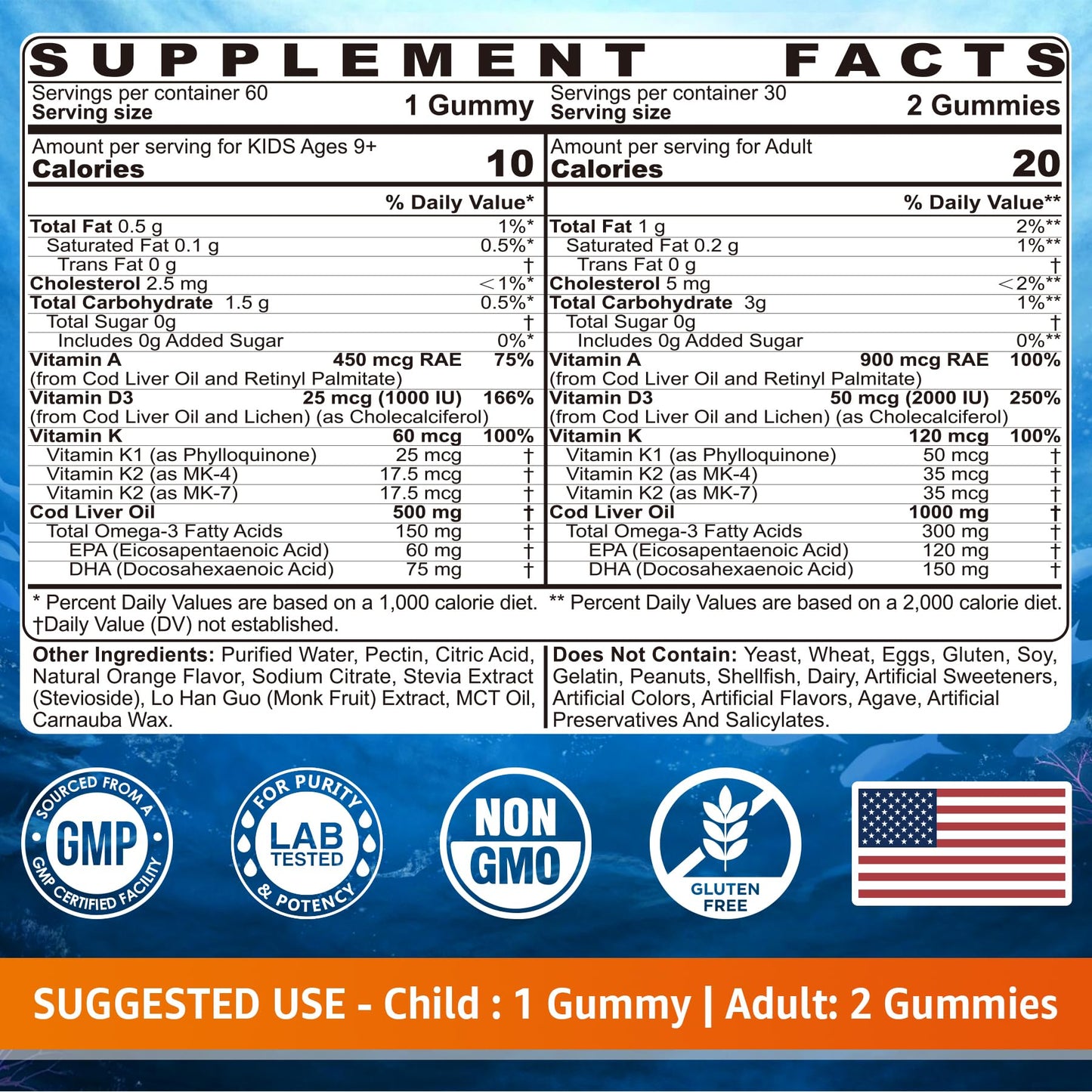 LILICARE Cod Liver Oil Gummies 1000mg Omega-3 (EPA & DHA) with Vitamins A, D3 & K2 - Sugar-Free Orange Flavor, 60 Gummies