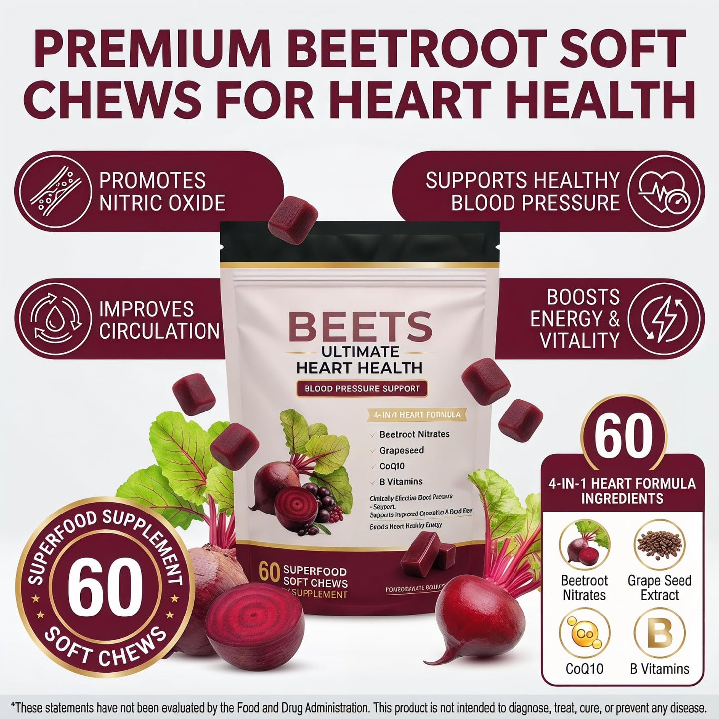 EOQIFJM Beet Chews 4-in-1 Chewable 60 Count