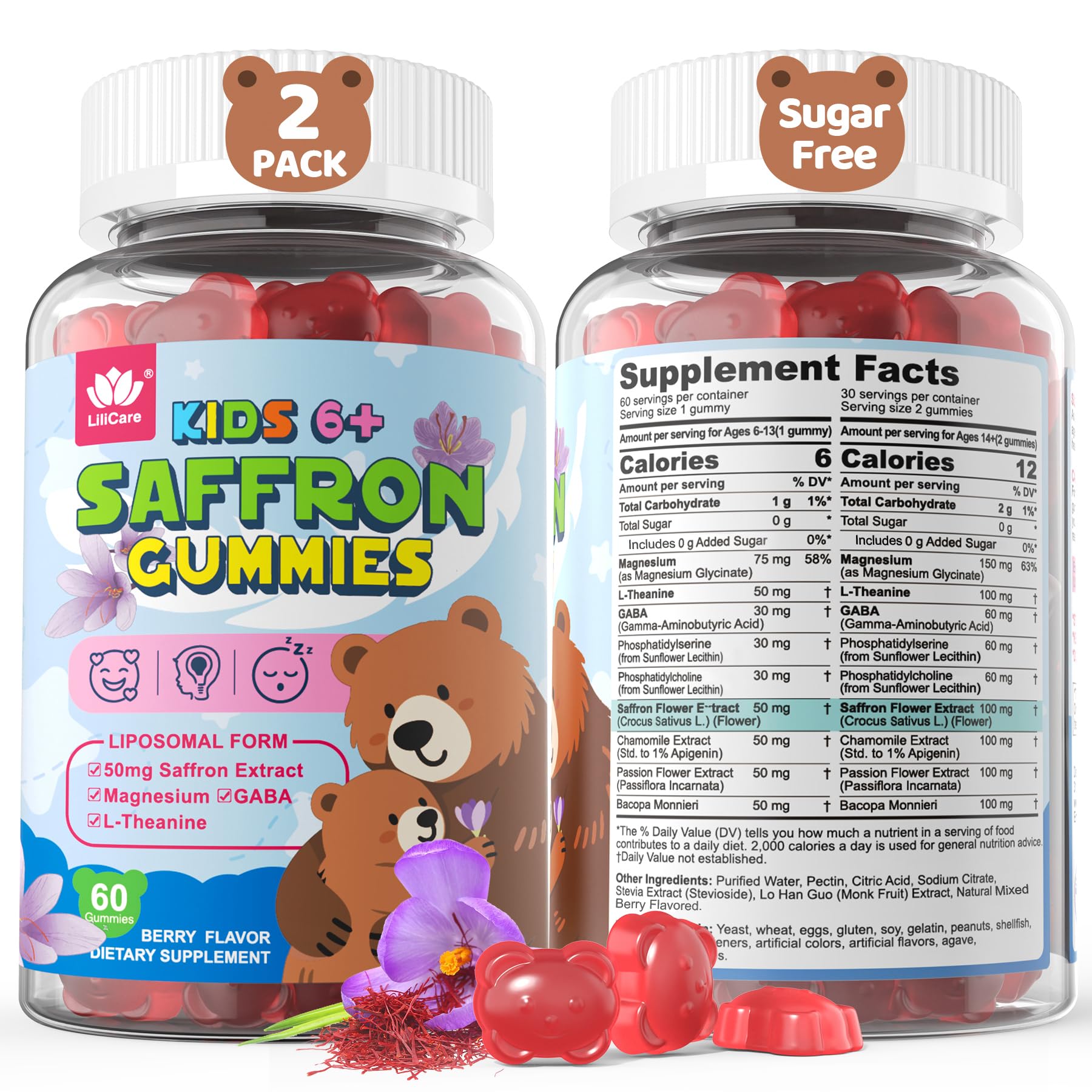 LILICARE Saffron + Magnesium Glycinate Gummies for Kids, Liposomal Organic Saffron Gummies, Mood Relax Sleep with L-Theanine & GABA, No Melatonin, 120 Gummies