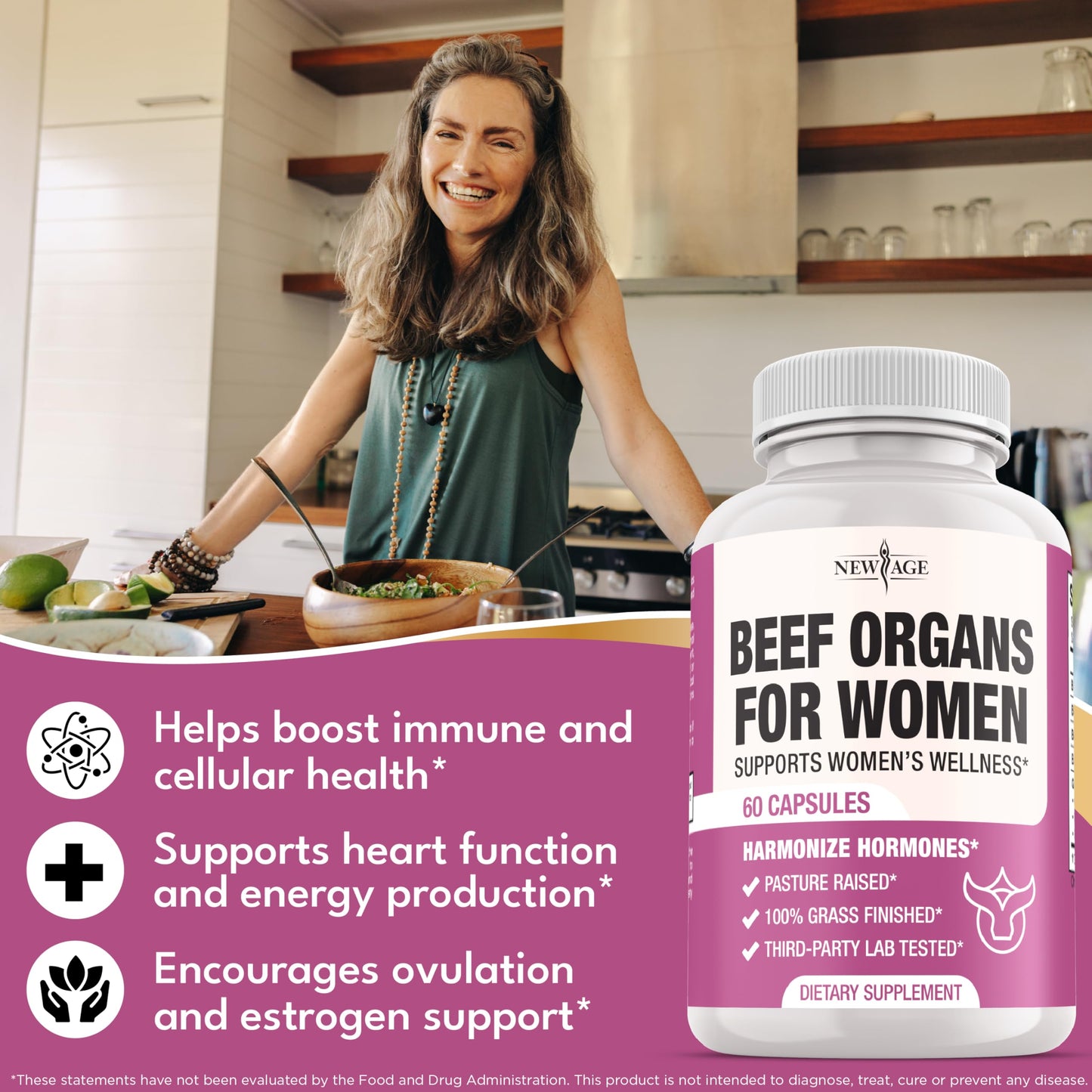 NEW AGE Beef Organ Supplement for Women - Beef Liver, Kidney, Heart and Uterus Tissue, 60 Capsules
