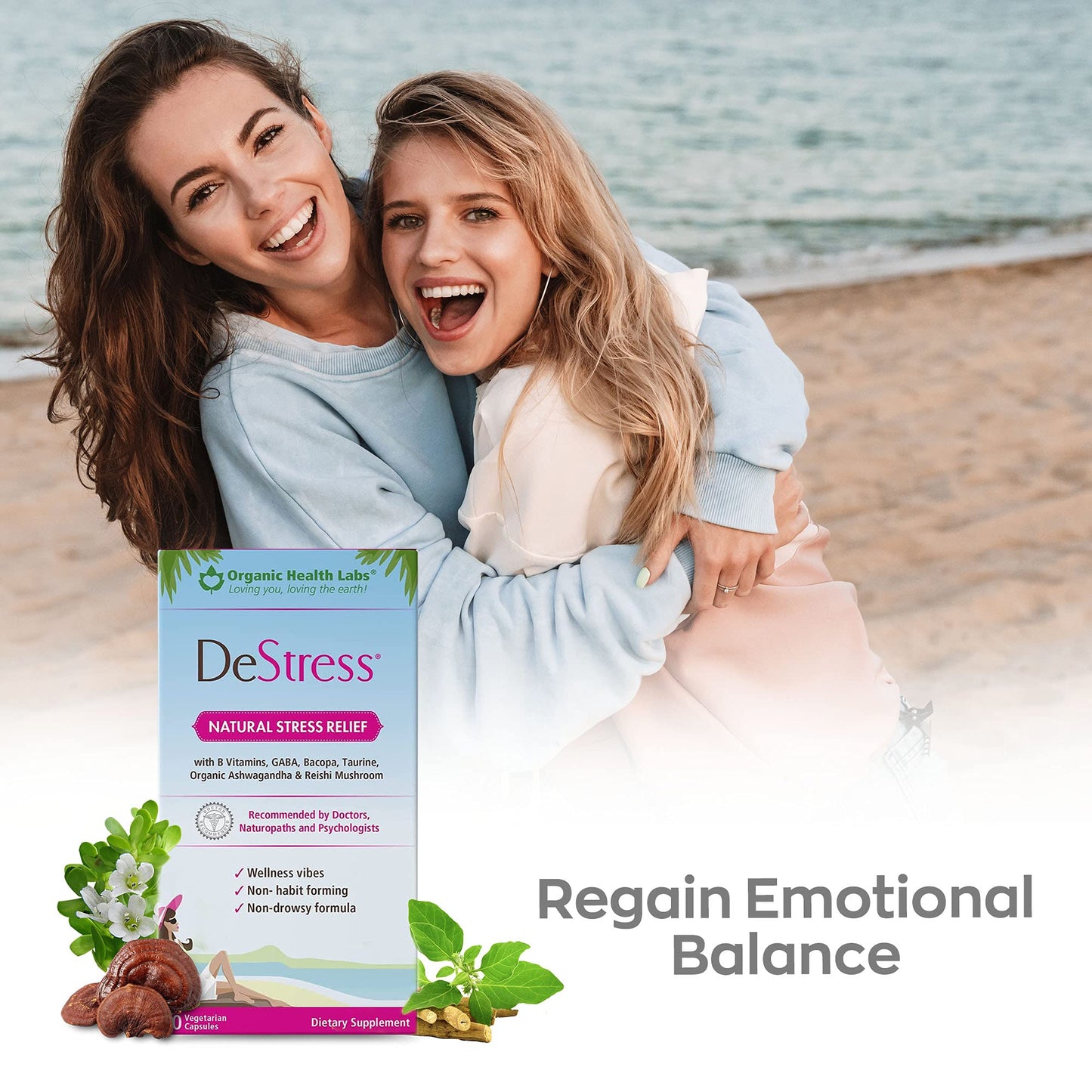 Organic Health Labs DeStress All-Natural Veggie Capsules with B Vitamins, Magnesium, Ashwagandha and L-Theanine, Anxiety Relief, Stress Relief Supplement, 30 Capsules
