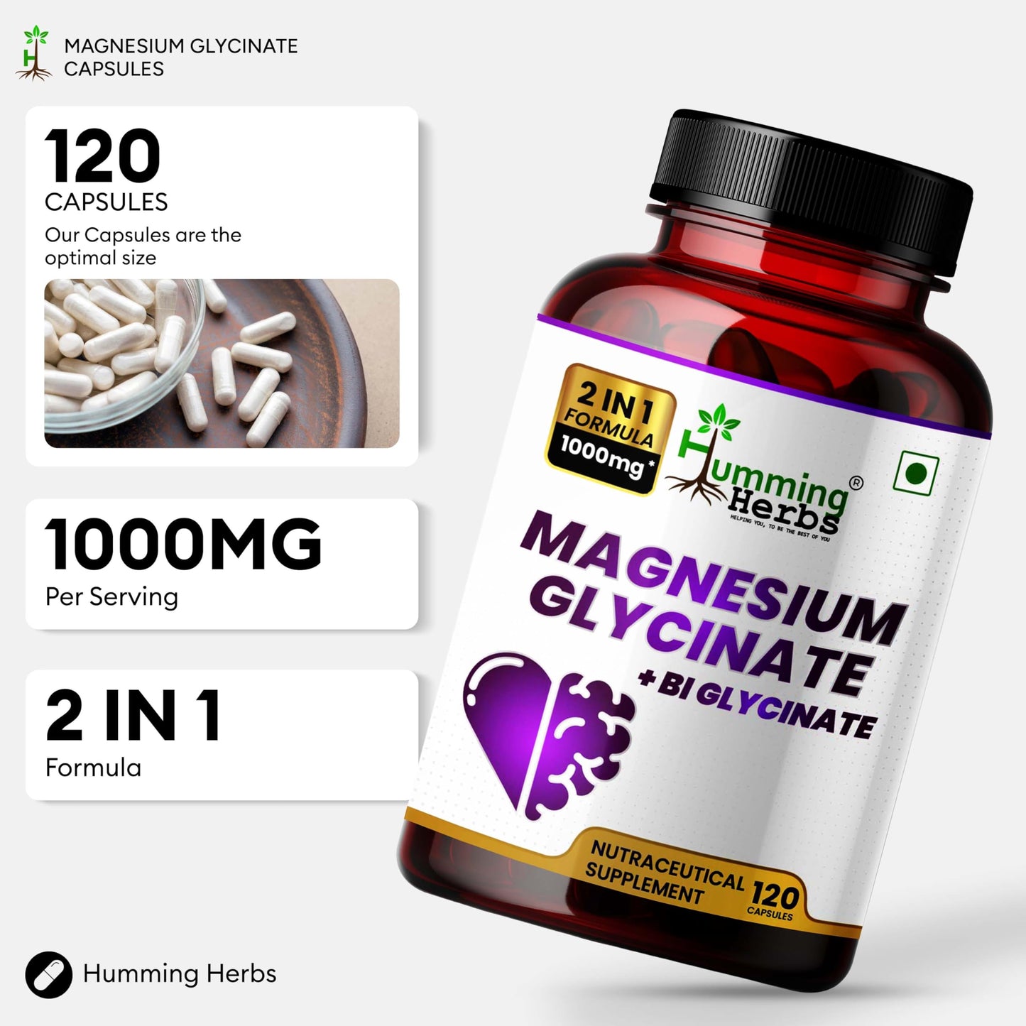 Humming Herbs Magnesium Glycinate & Bisglycinate – 200 mg Elemental per Serving, 120 Capsules