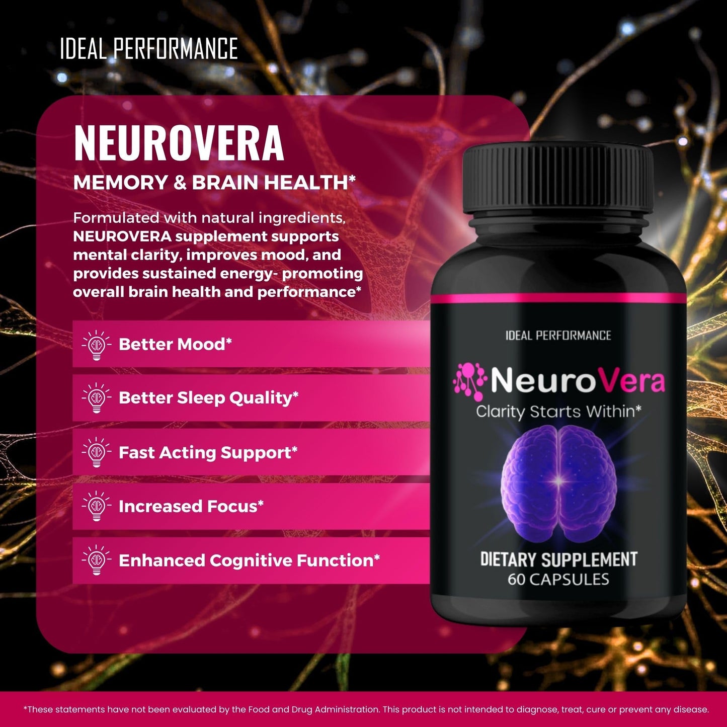 IDEAL PERFORMANCE Neurovera Brain Supplements for Memory and Focus Capsules, 60 Count