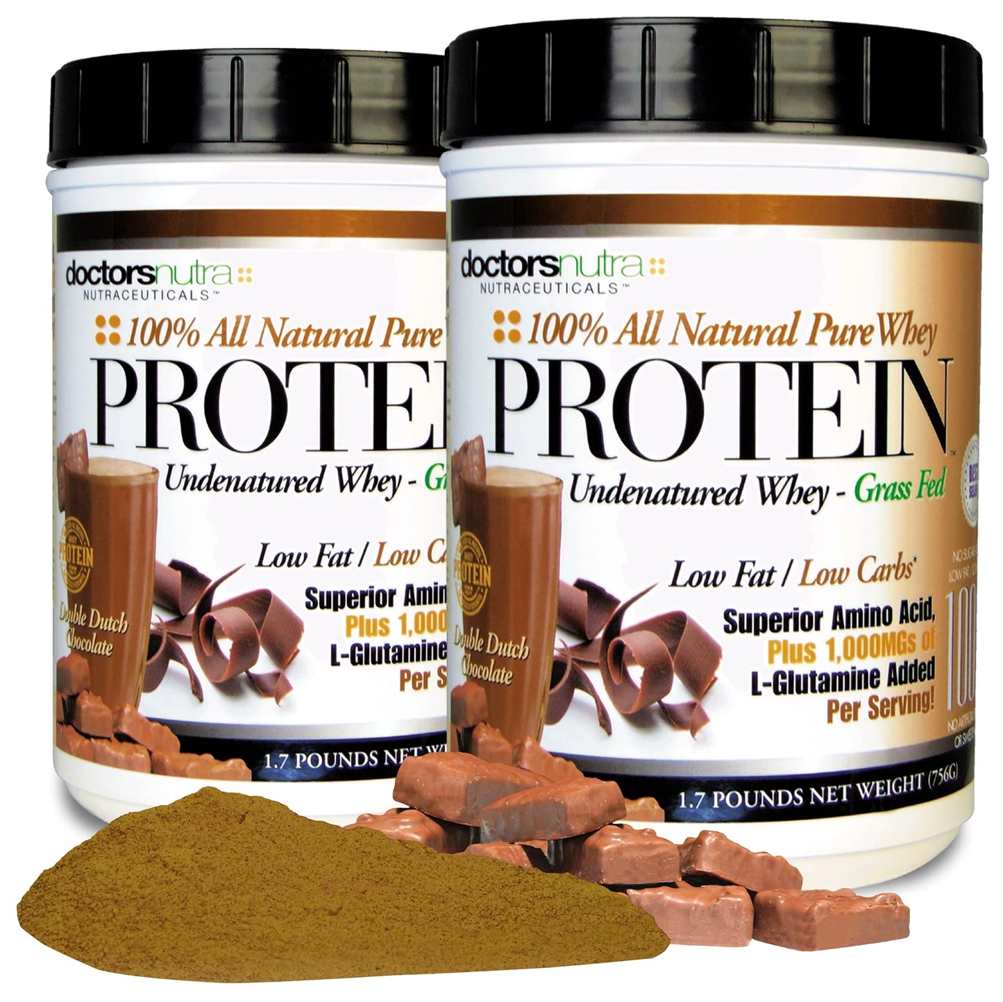 Doctors Nutra Nutraceuticals Undenatured Grass-Fed Whey Protein Powder, Double Dutch Chocolate, Natural Ultrafiltered, with 1000 mg L-Glutamine, 54.4 Servings, Pack of 2