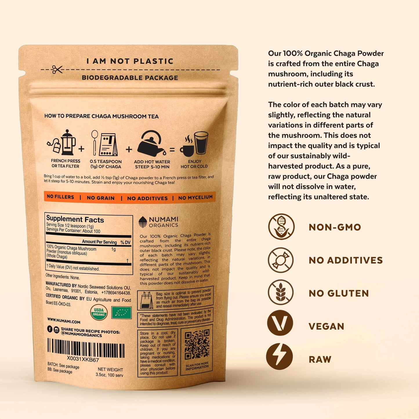 Numami Organic Chaga Mushrooms Powder 3.5 oz